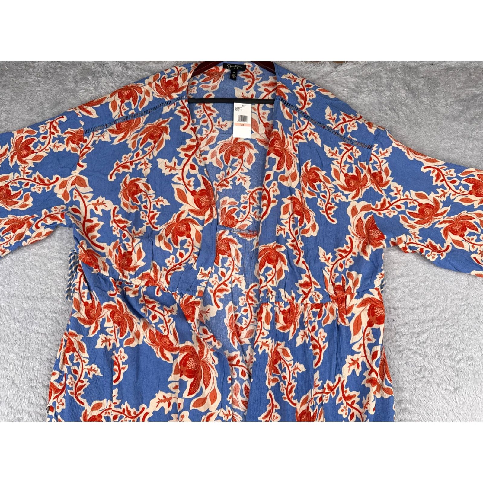 Jessica Simpson VINTAGE Jessica Simpson Women's Kimono Dress Floral Summer Lightweight Open Tie Blue 2XL Womens Size XXL / US 16-18 / IT 52-54 - 4 Thumbnail