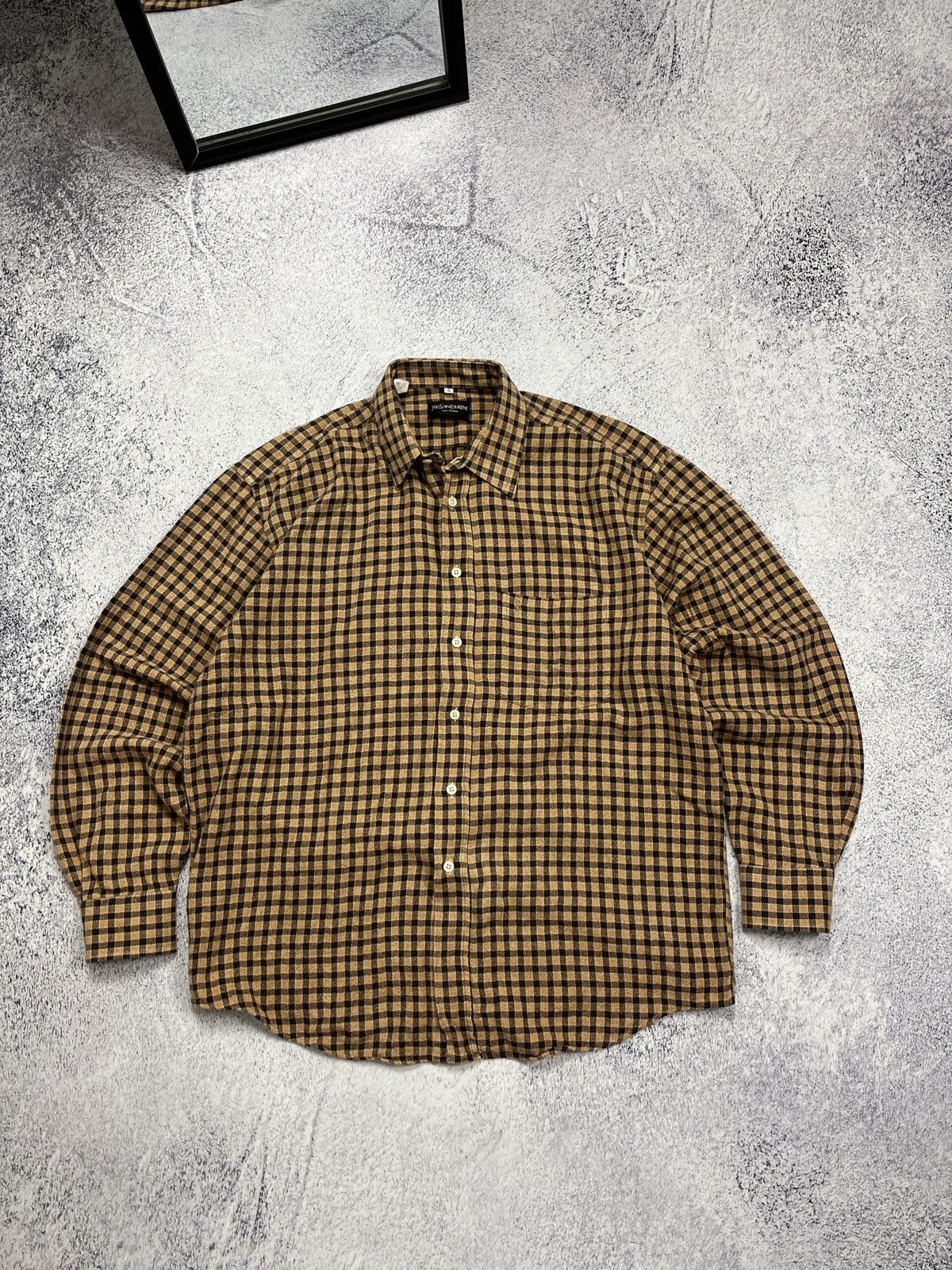 Vintage Yves Saint Laurent Pour Homme YSL Logo Flannel Plaid Shirt Size US L / EU 52-54 / 3 - 1 Thumbnail