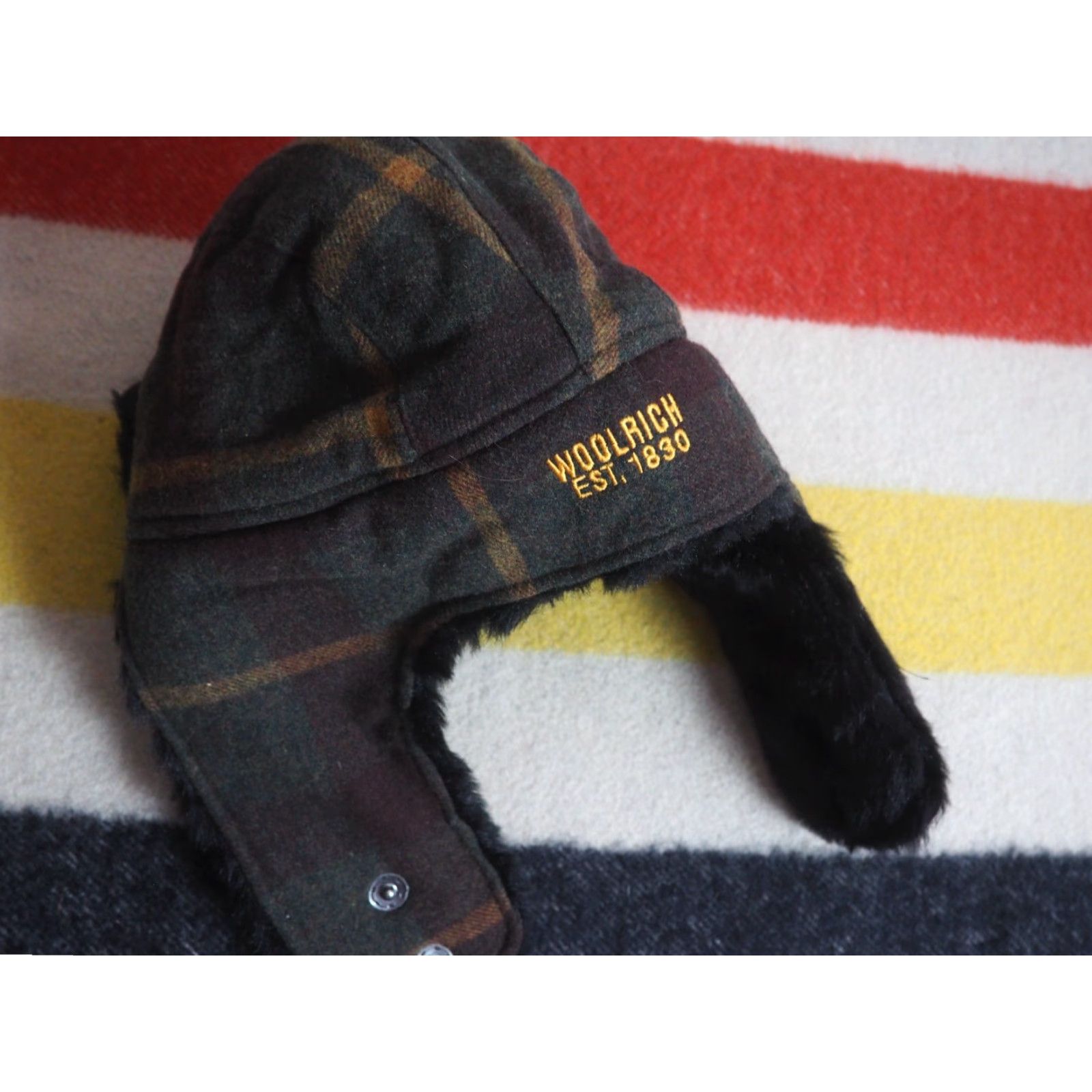 Vintage Woolrich Wool Blend Hat M Trapper Hat Plaid Wool Green Black Sherpa Shearling Lined Winter Men Adults Size ONE SIZE - 4 Thumbnail