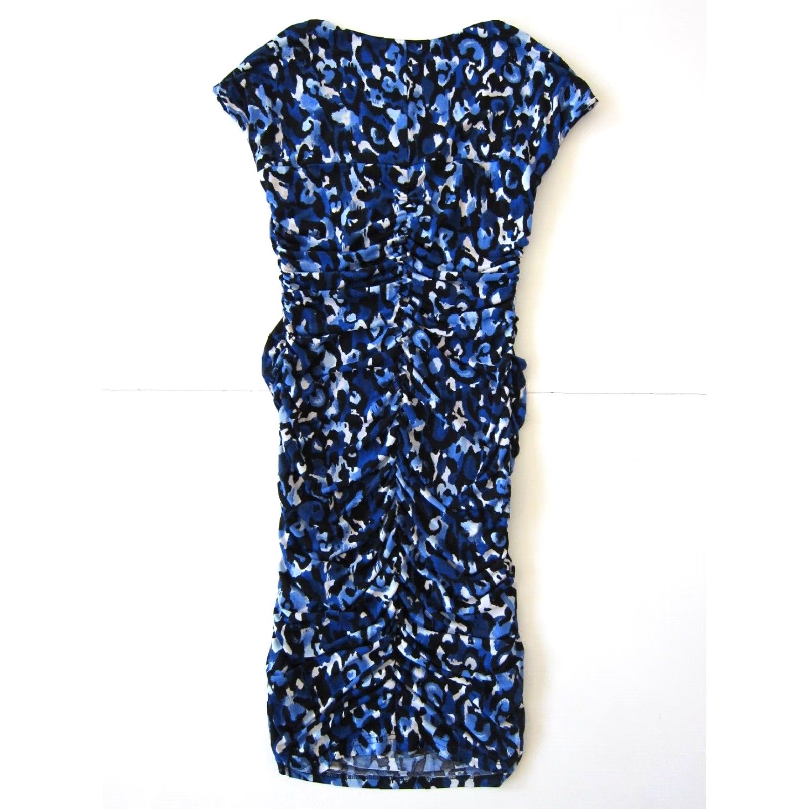 Marcs Marc Bouwer Leopard Stretch Cap Sleeve Ruched Bodycon Dress XS Blue White Black Leopard Pattern Midi Party/Cocktail Womens Size XS / US 0-2 / IT 36-38 - 2 Thumbnail