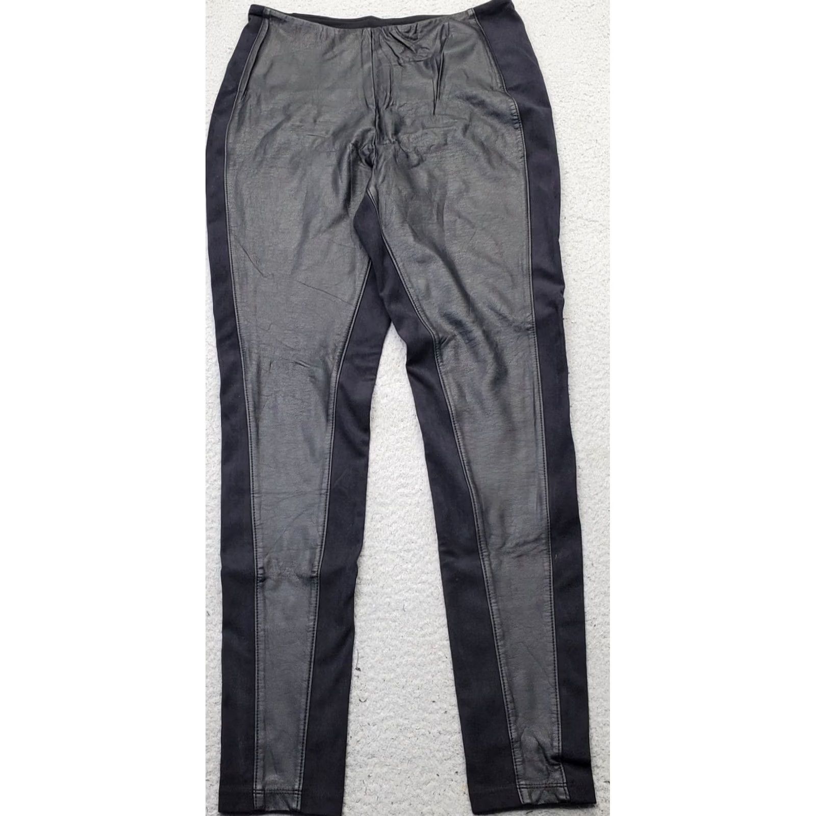Vintage Lyssé Leggings Womens Size M Black Faux Leather Panel Stretch Skinny Pull On Size 32" / US 10 / IT 46 - 2 Thumbnail