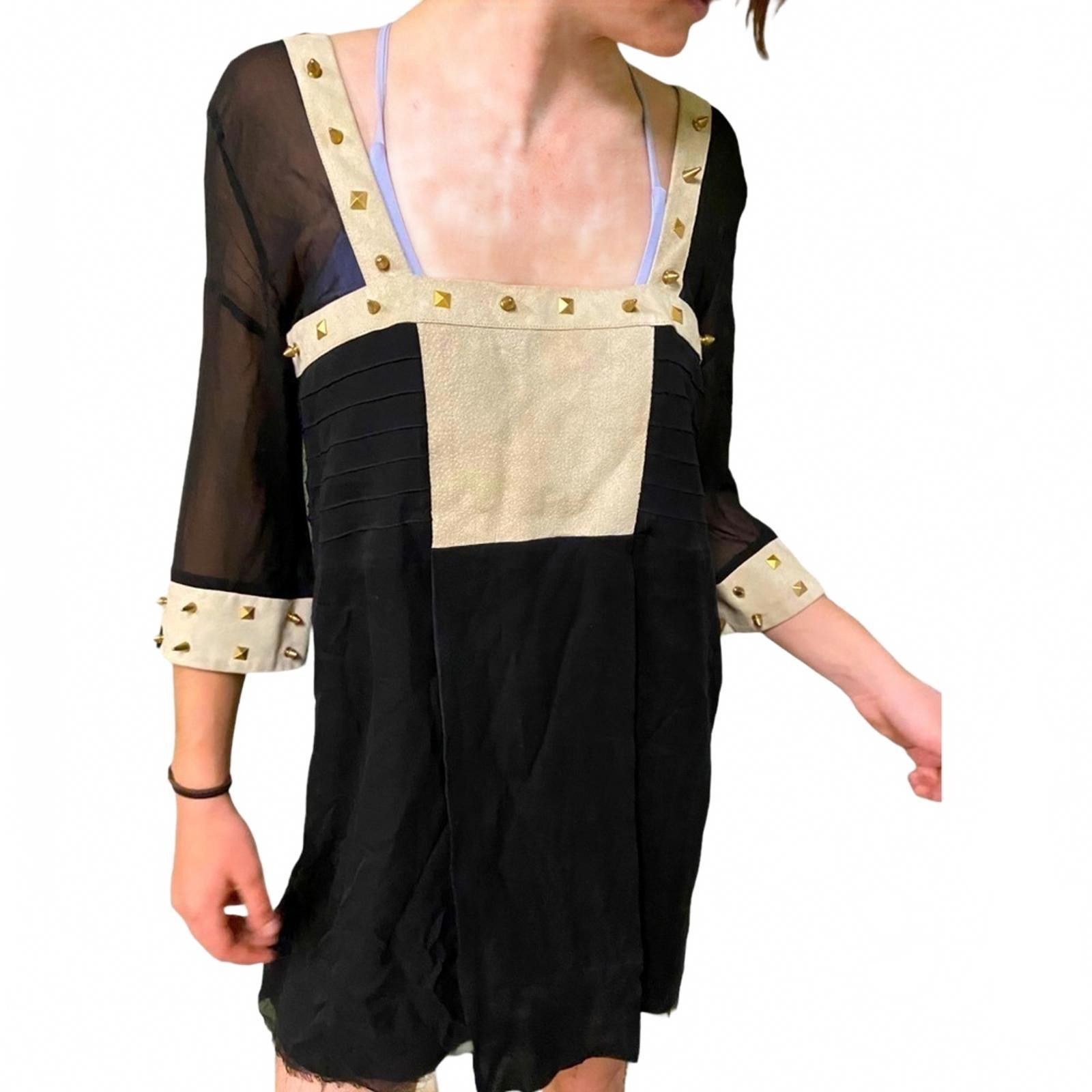 Heimstone XS Black Silk Chiffon Square Neck Studded Dress”
