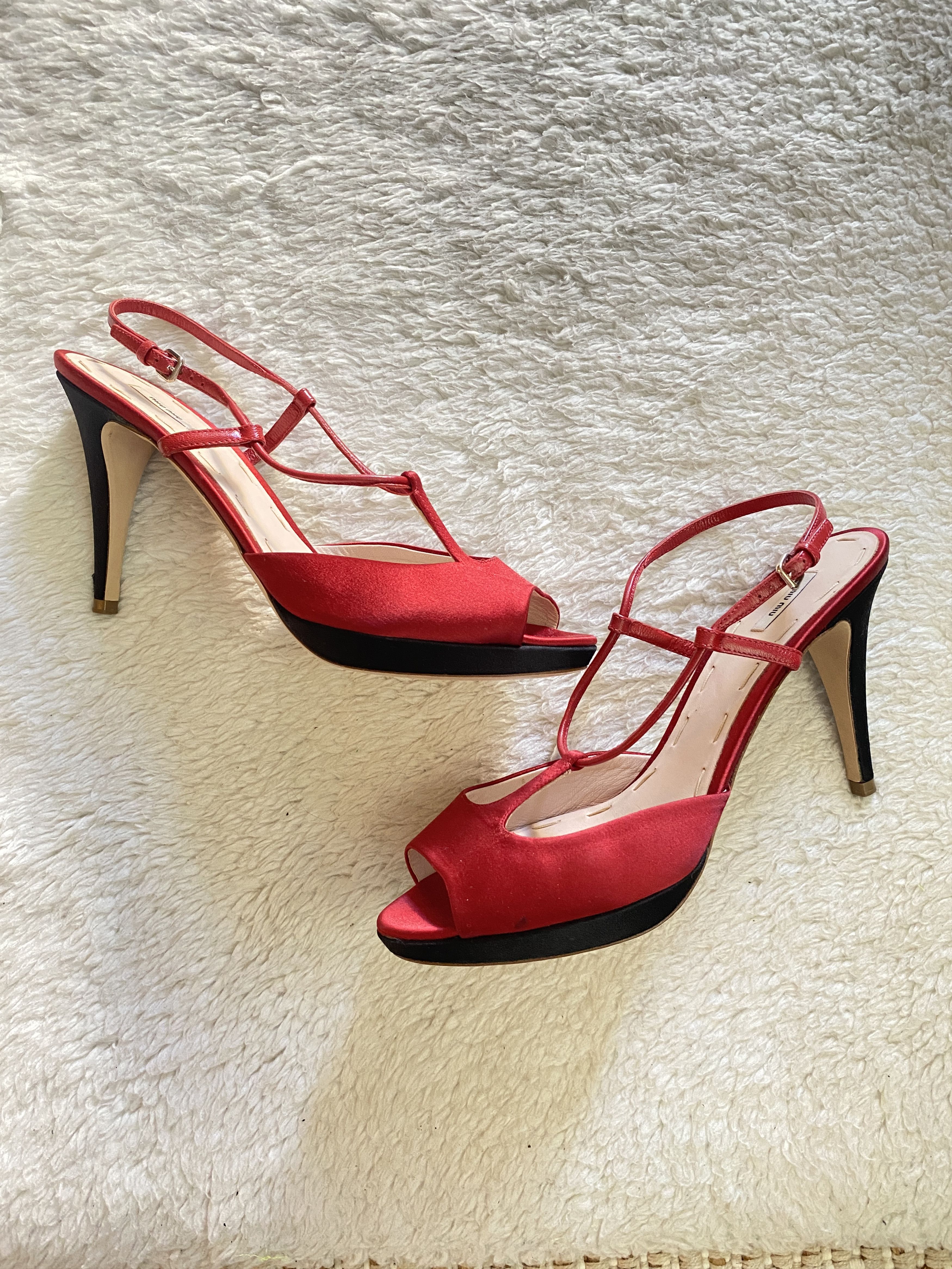 Miu Miu Miu Miu Silk Peep Toe Sandals – Red & Black Size US 10 / IT 40 - 20 Thumbnail