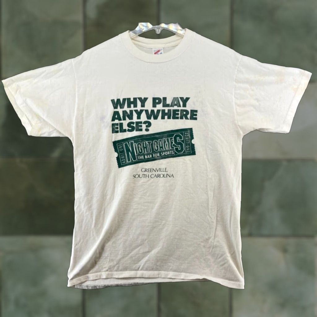 Jerzees VINTAGE JERZEES Night Games Sports Bar T-Shirt Large White Graphic Print Mens USA MADE Size US L / EU 52-54 / 3 - 1 Thumbnail