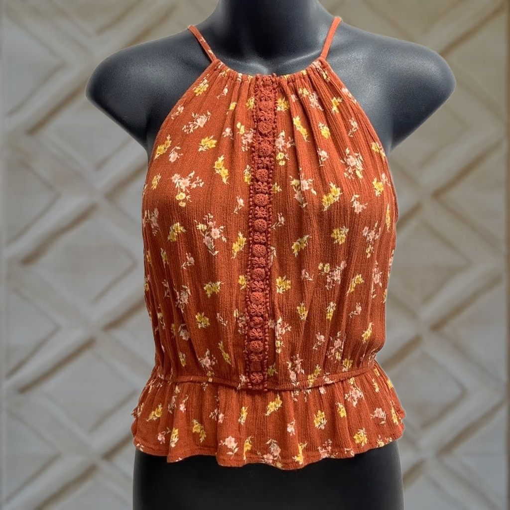 Vintage Hippie Rose Brick Red Halter Top M Crochet Trim Size M / US 6-8 / IT 42-44 - 1 Thumbnail