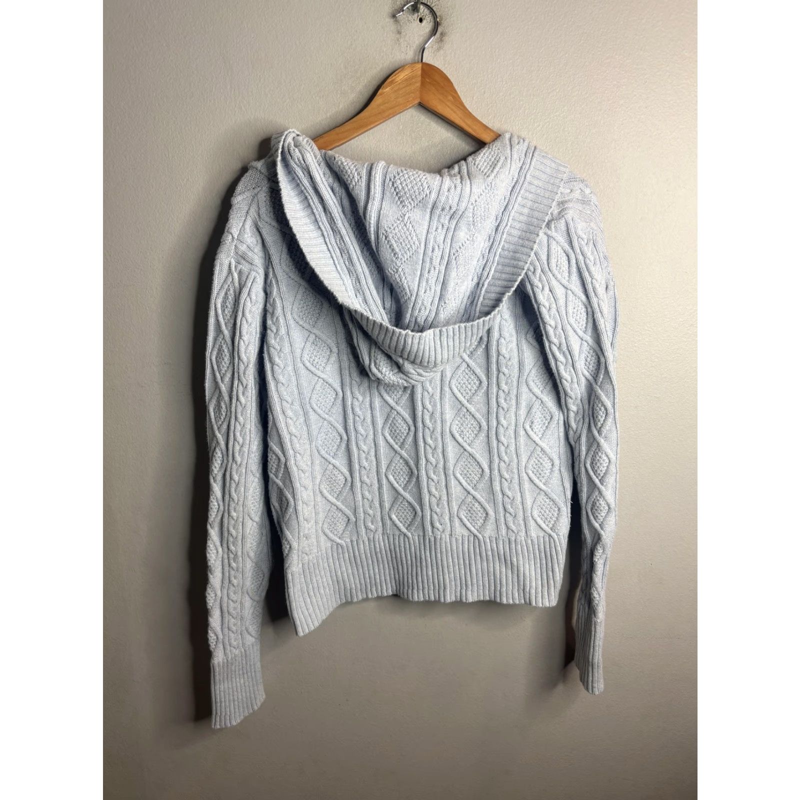 Vintage Polo Jeans Co. Ralph Lauren Sweater Womens Medium Blue Cable-Knit Hooded V-Neck Pullover Regular Fit Casual Jacket/Top Size M / US 6-8 / IT 42-44 - 4 Thumbnail
