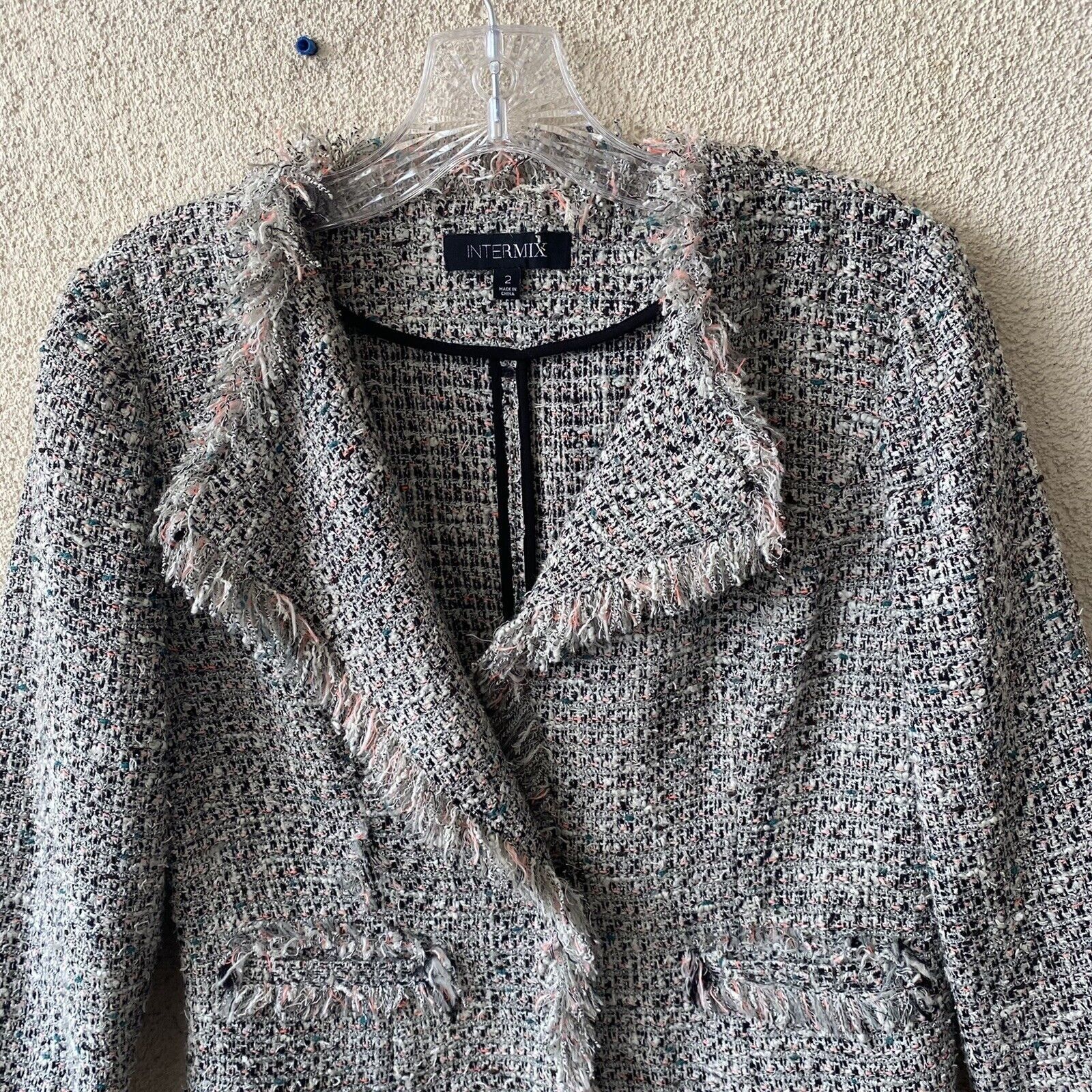 INTERMIX Intermix Womens Jacket Black White Fringed Tweed Blazer Fray Size XS / US 0-2 / IT 36-38 - 2 Thumbnail