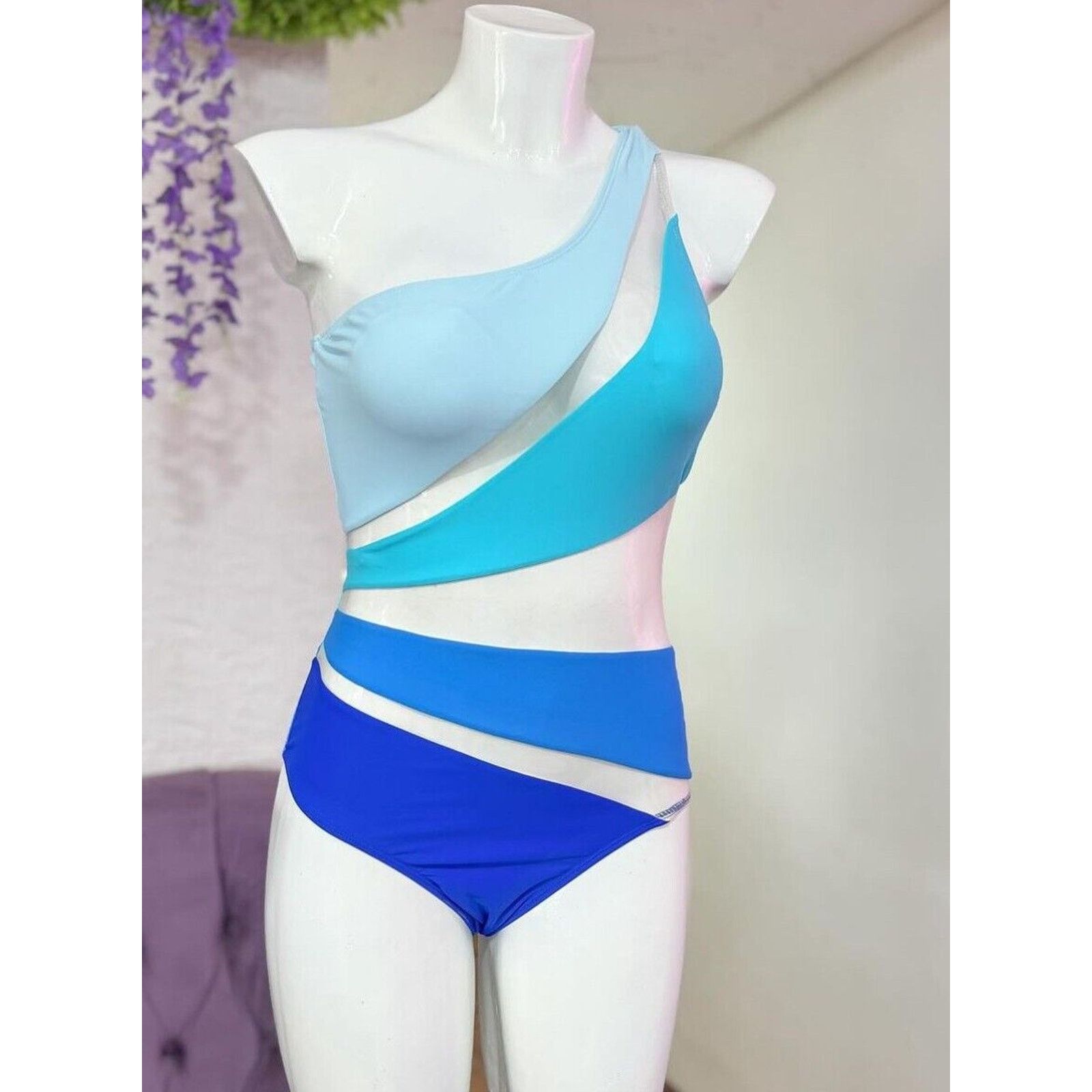 Other Blue & Teal Sheer Design One Shoulder Swim Suit One Piece S Size ONE SIZE - 8 Thumbnail