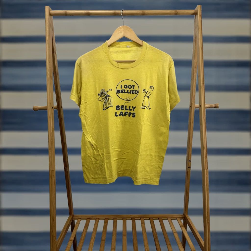 DANCER VTG 70s I Got Bellied Belly Laffs Dance Thin Yellow T-Shirt Size M Men Short Sleeve Regular Adult Medium Yellow Dance 70s Mens Size US M / EU 48-50 / 2 - 1 Thumbnail