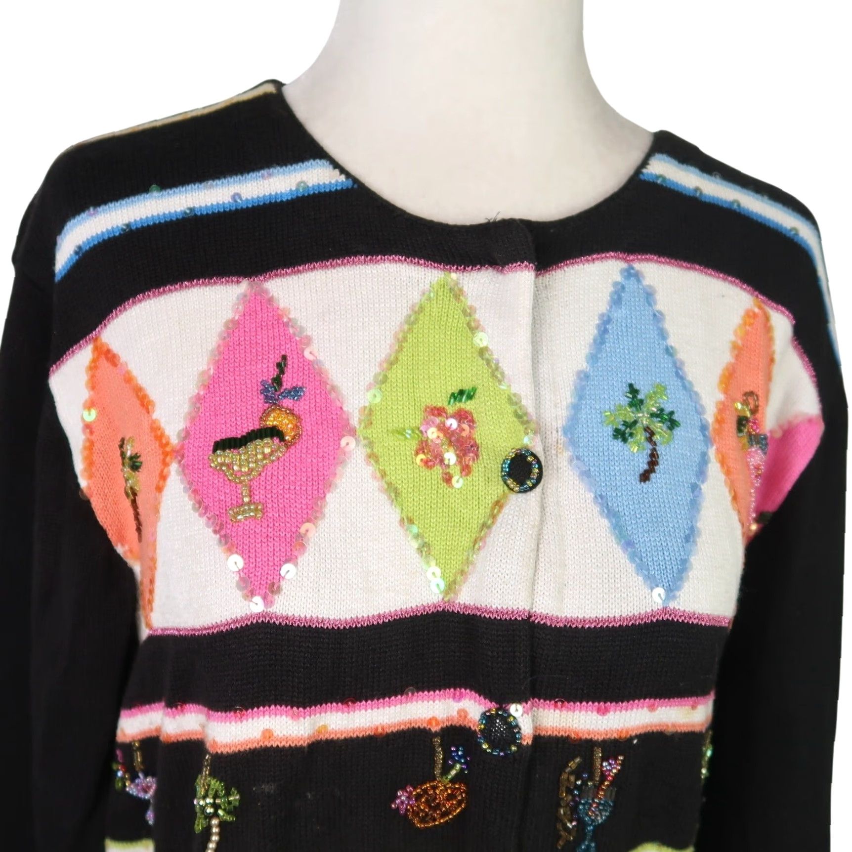 Black Diamond VINTAGE 90s Just B Cardigan Sweater Diamond Beaded Knit Cotton Rayon Black L Womens Size L / US 10 / IT 46 - 2 Thumbnail