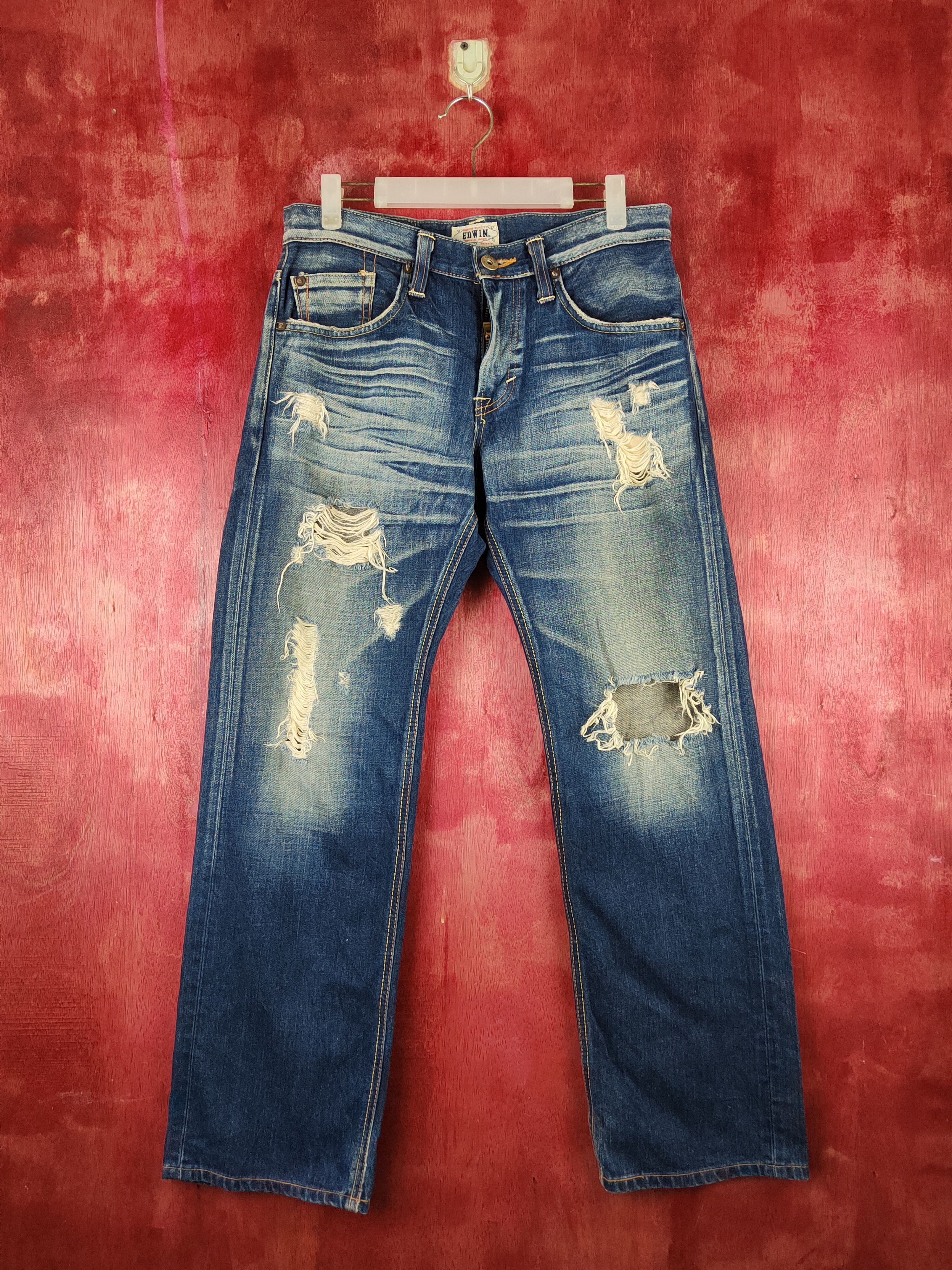 image of Distressed Denim x Edwin Dark Faded VTG Distressed Ripped Jeans Denim S1485 in Dark Blue Denim (Siz