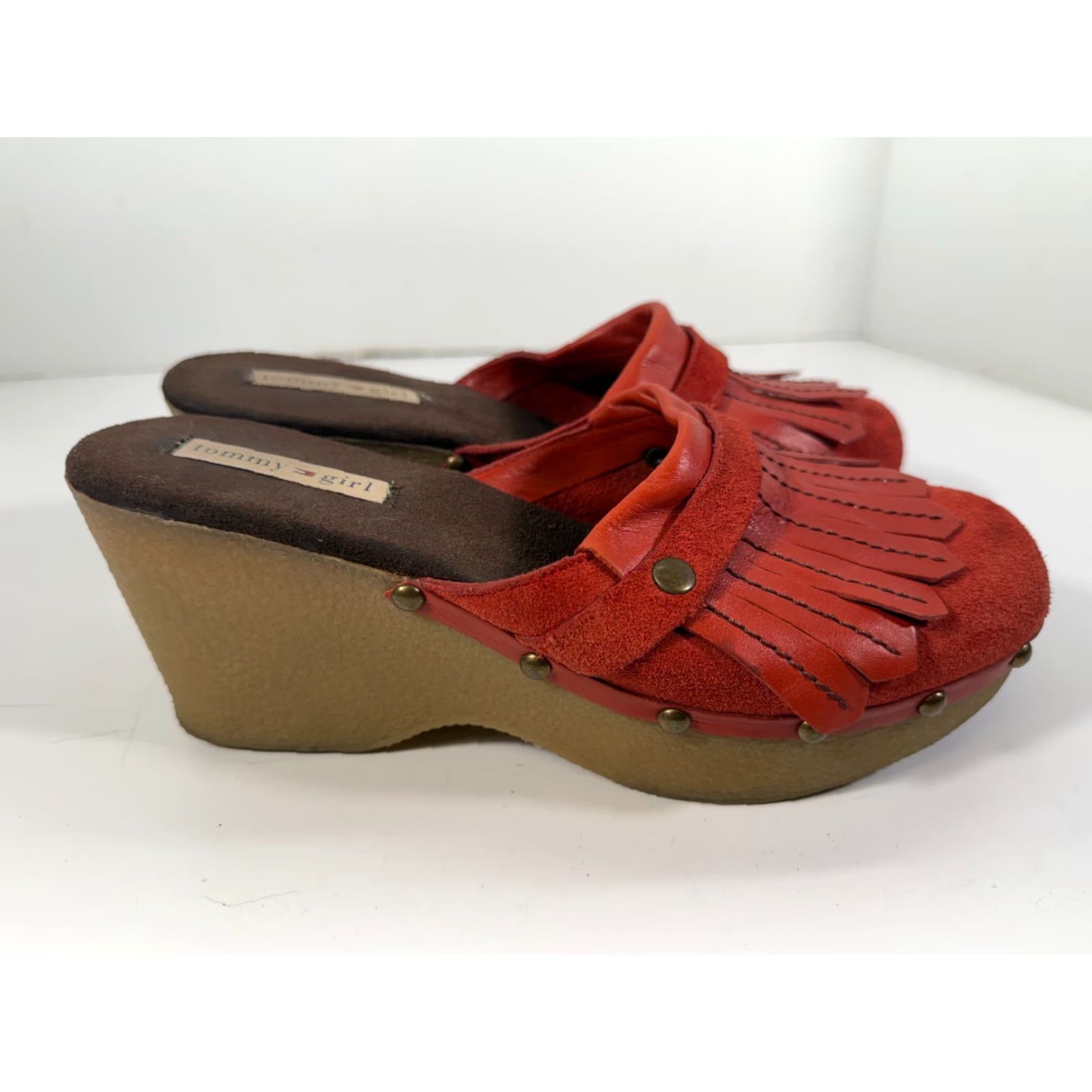 Tommy Hilfiger Tommy Hilfiger Women's Mule Wedge Heels Red Leather Fringe Studded Round Toe 8.5 M Size US 9 / IT 39 - 5 Thumbnail