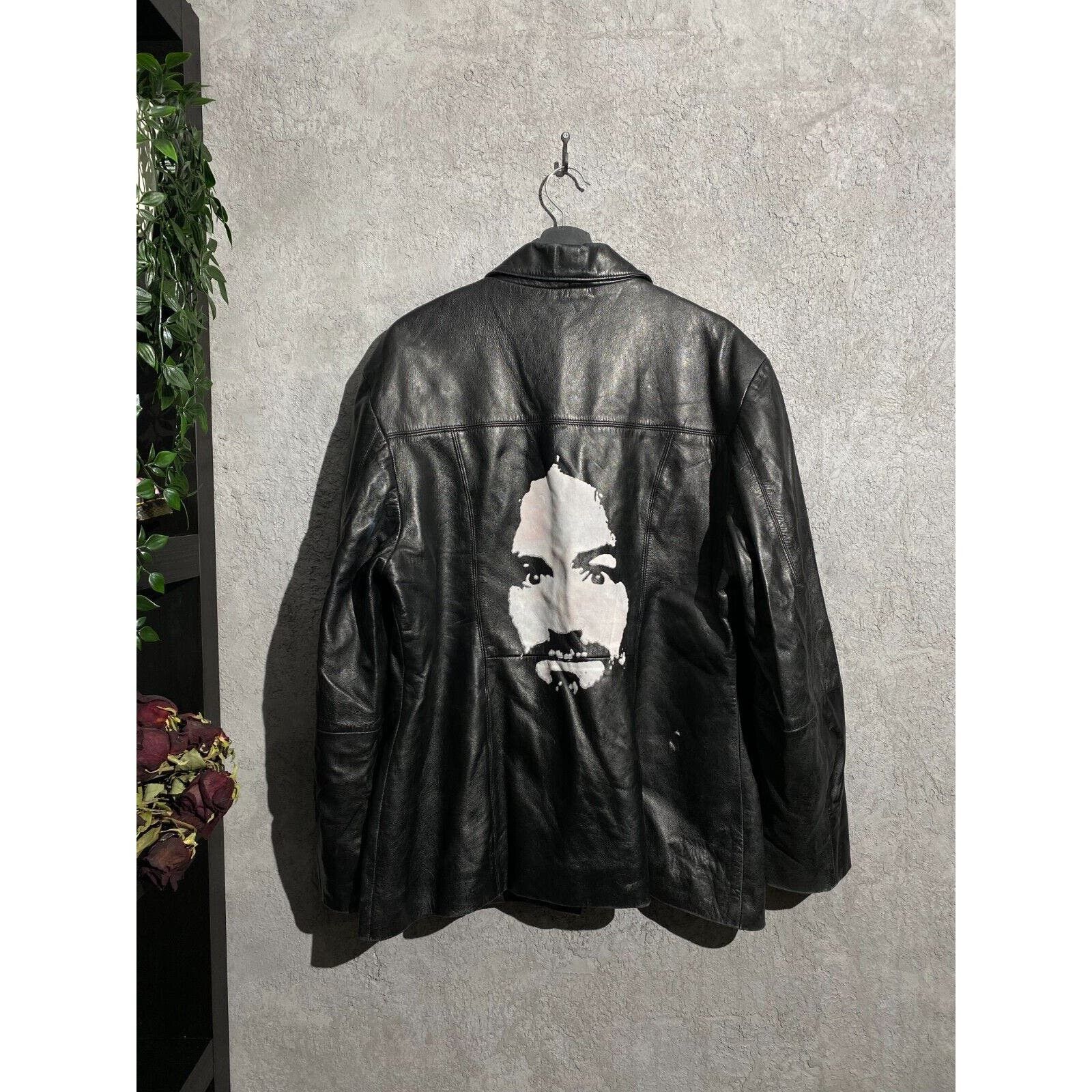 image of Vintage Charles Manson Leather Jacket 90's Family Size L in Black, Men's