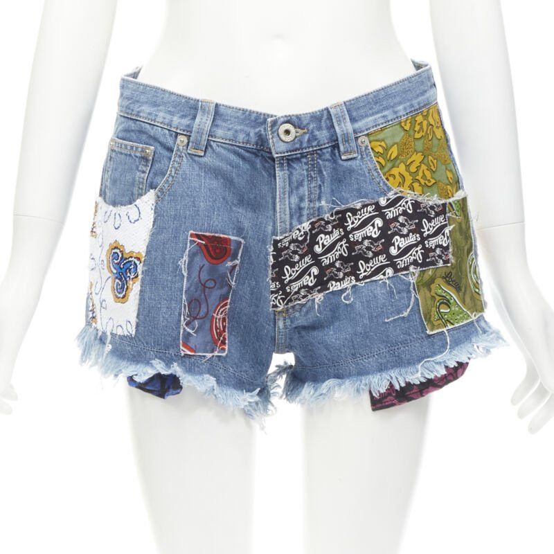 LOEWE PAULA'S IBIZA blue denim sequnis patchwork cut off shorts FR36 S