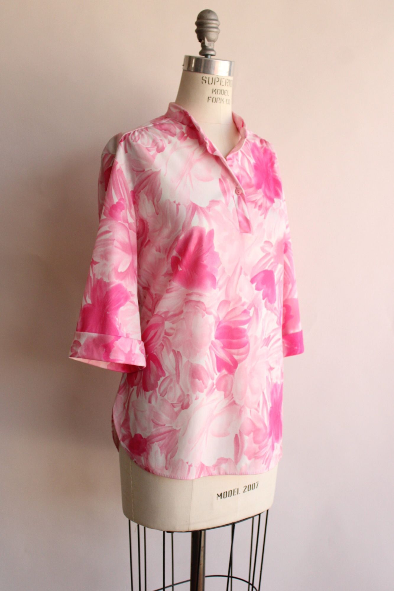 Vintage Vintage 1960s Blouse, Ro-Vel Pink And White Floral Print Nyl Size L / US 10 / IT 46 - 6 Thumbnail