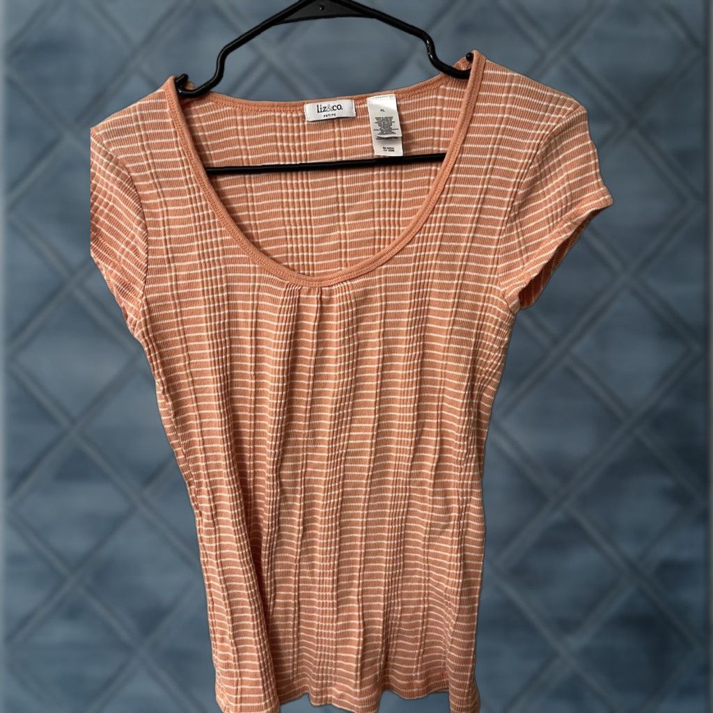 CO VINTAGE Liz & Co Women Short Sleeve T-Shirt Cotton Scoop Neck Casual Top 100% Cotton, Petite Large, Orange Size L / US 10 / IT 46 - 1 Thumbnail