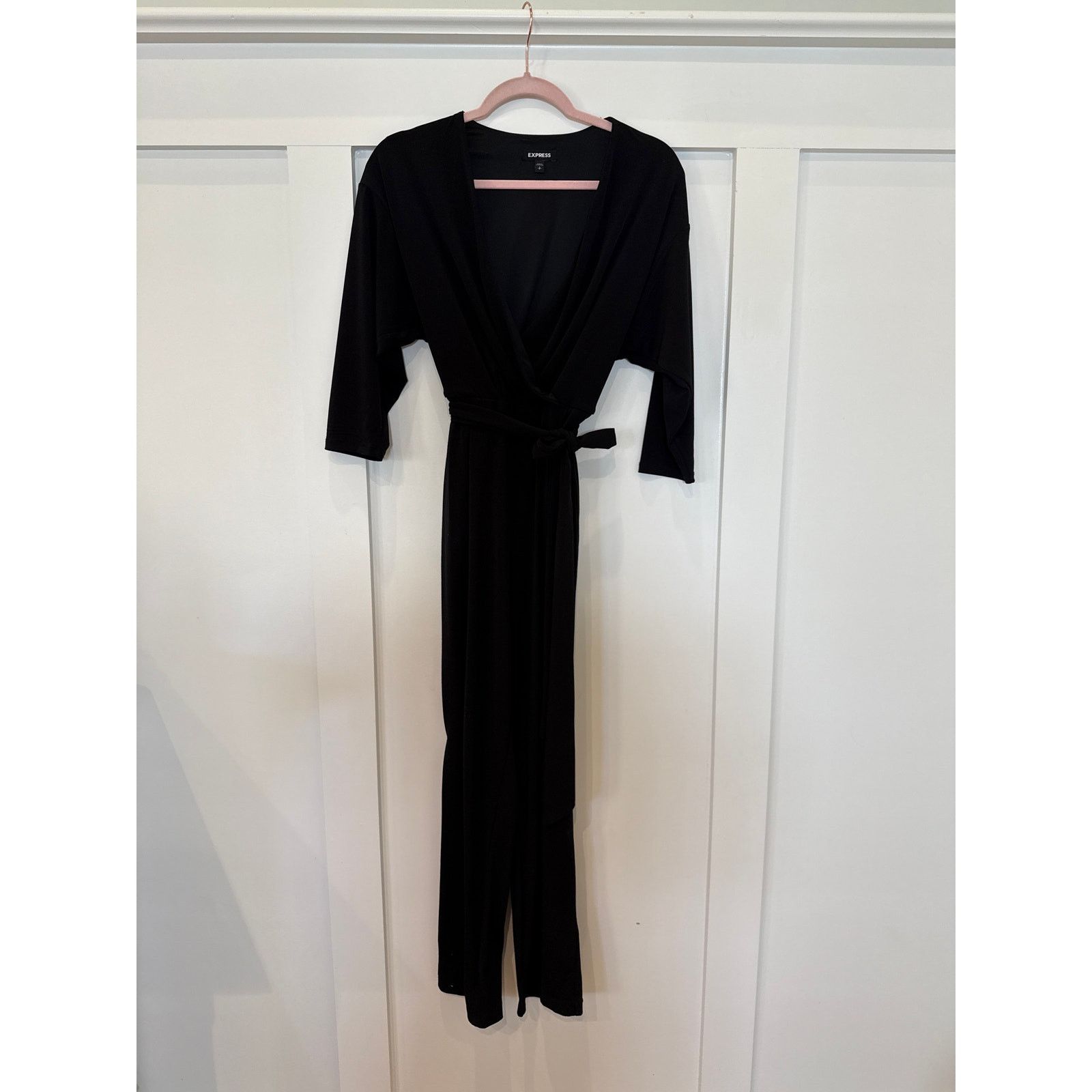 Express Express Black Straight Leg 3/4 Sleeve Belted Jumpsuit, S Size 27" / US 4 / IT 40 - 2 Thumbnail