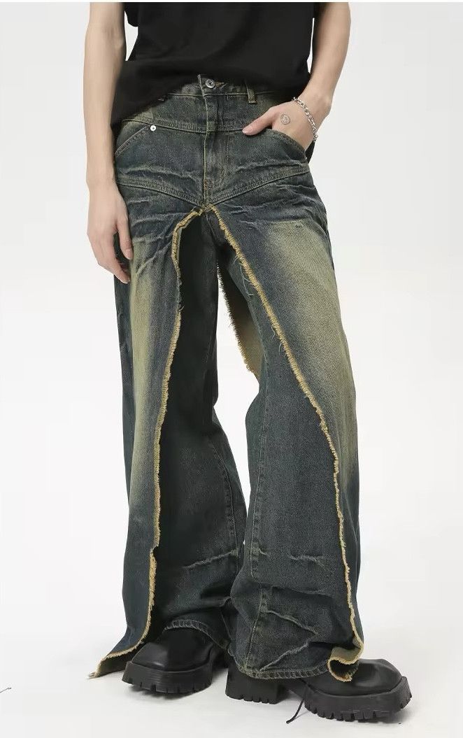 Denime × Japanese Brand × Vintage Stylish Trend Men Fake Two-Piece Pockets Jean Size US 29 - 3 Thumbnail