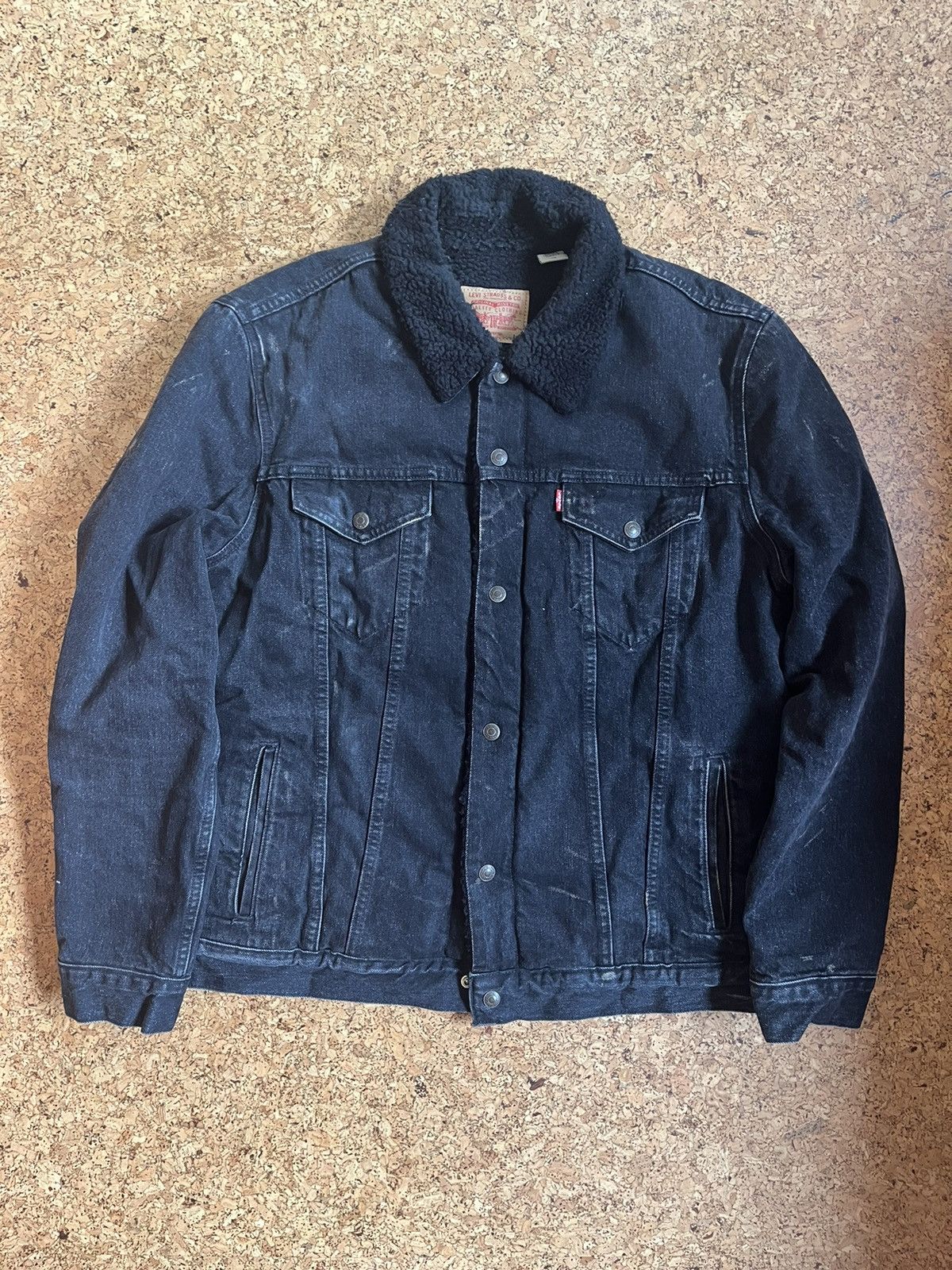 image of Levis x Supreme Levi’S Collab Sherpa Black Bleached Trucker Jacket, Men's (Size Large)