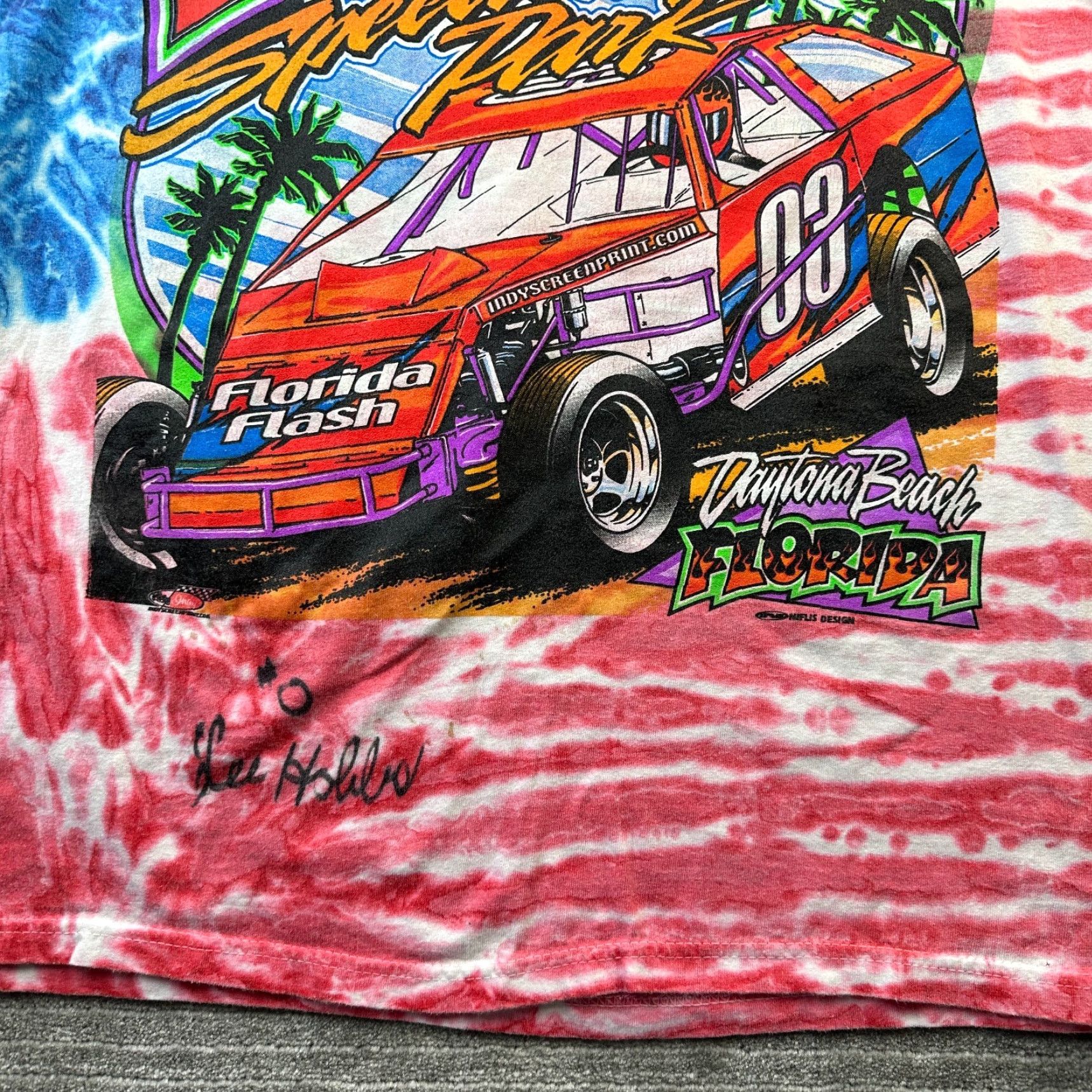 Fruit Of The Loom VINTAGE Fruit of the Loom Racing Shirt Mens XL Orange All Over Print Graphic Tie Dye T-Shirt Cars Grunge 90s Mens Size US XL / EU 56 / 4 - 3 Thumbnail