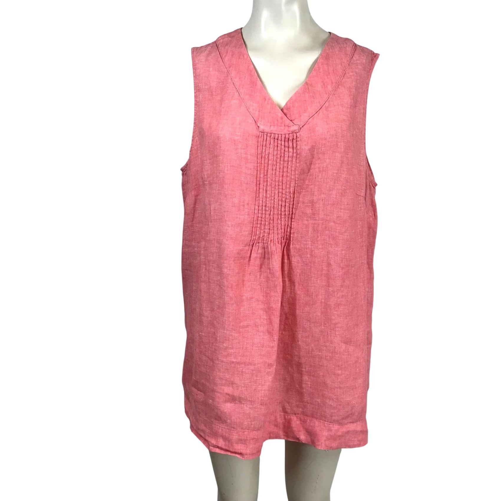 Lands' End VINTAGE Lands' End Womens 1X Tunic Sleeveless Linen V-Neck Coral Pink Knit Pintuck Pleats Slit Beach Casual Travel Workwear 100% Linen Womens 1X Size XL / US 12-14 / IT 48-50 - 2 Thumbnail