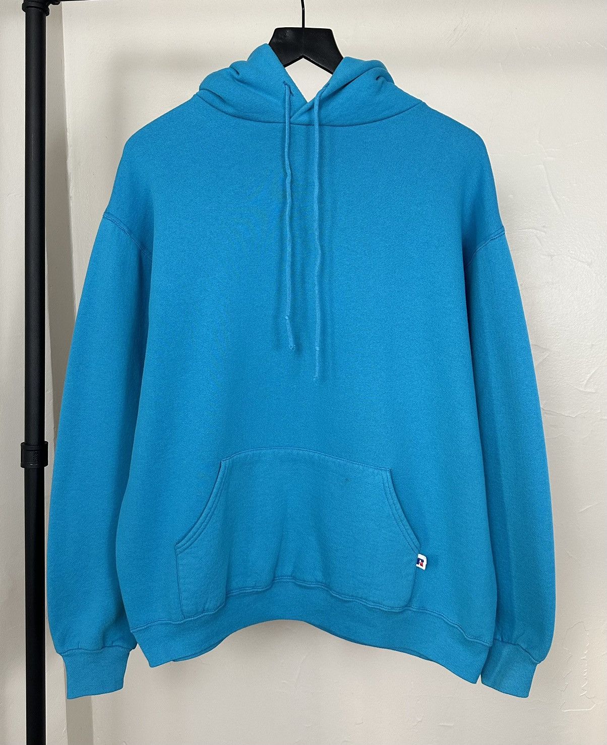 Image of 80’S Crazy Blue Vintage Russell Athletic Hoodie in Cyan, Men's