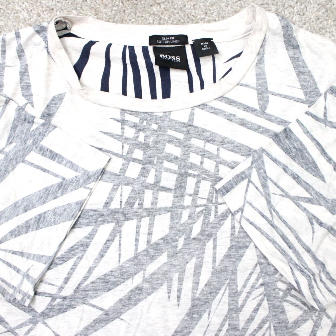 Hugo Boss HUGO BOSS Shirt Mens Large White/Black Slim Fit Cotton- Linen Short Sleeve Size US L / EU 52-54 / 3 - 2 Thumbnail