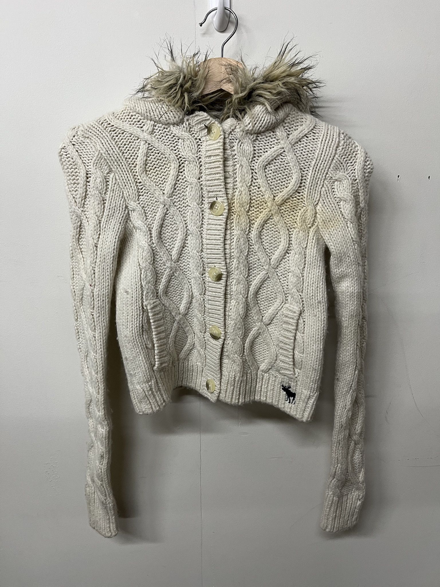 JNCO Vintage 2000s Abercrombie Kids Fur Hooded Thick aran Cableknit Sweater Size XXS Size US XXS / EU 40 - 1 Thumbnail