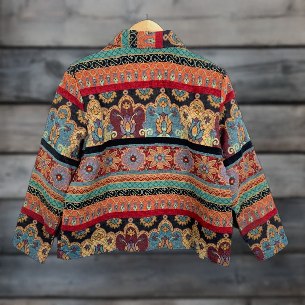 VINTAGE Studio Works Jacket Women's Large Red Floral Tapestry Geometric Textured Fabric