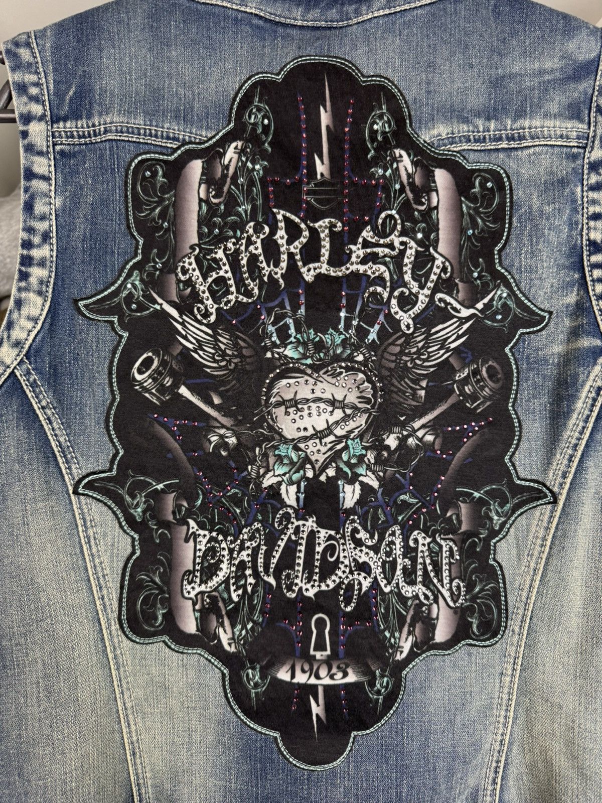 Harley Davidson Y2K Harley Davidson Women's Embellished Graphic Denim Vest Size M / US 6-8 / IT 42-44 - 7 Thumbnail