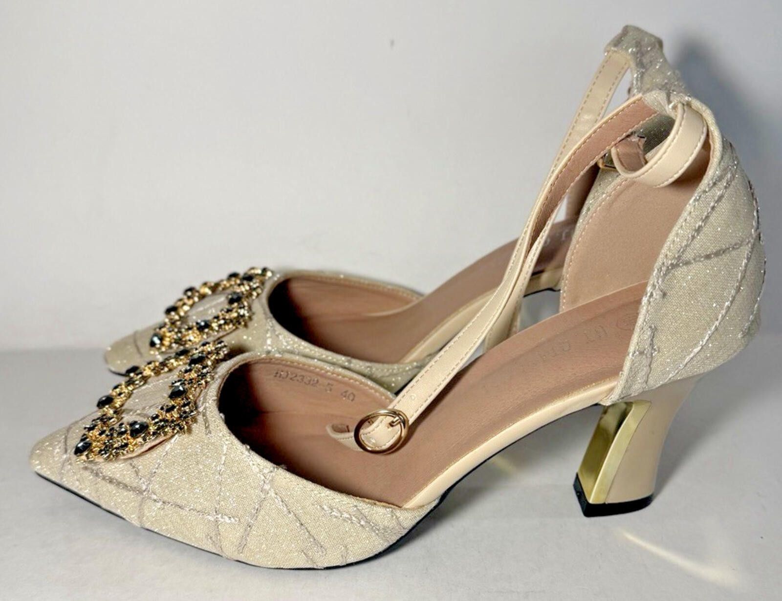 Other Pointed Toe Chunky Heels Rhinestone Ankle Strap Tan/Black Size US 9.5 / IT 39.5 - 2 Thumbnail