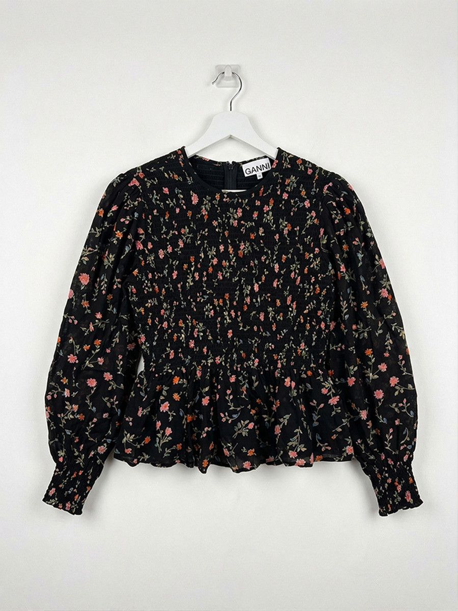 Ganni Ganni Blouse with Floral Print and Smocking, Black Size M / US 6-8 / IT 42-44 - 1 Thumbnail