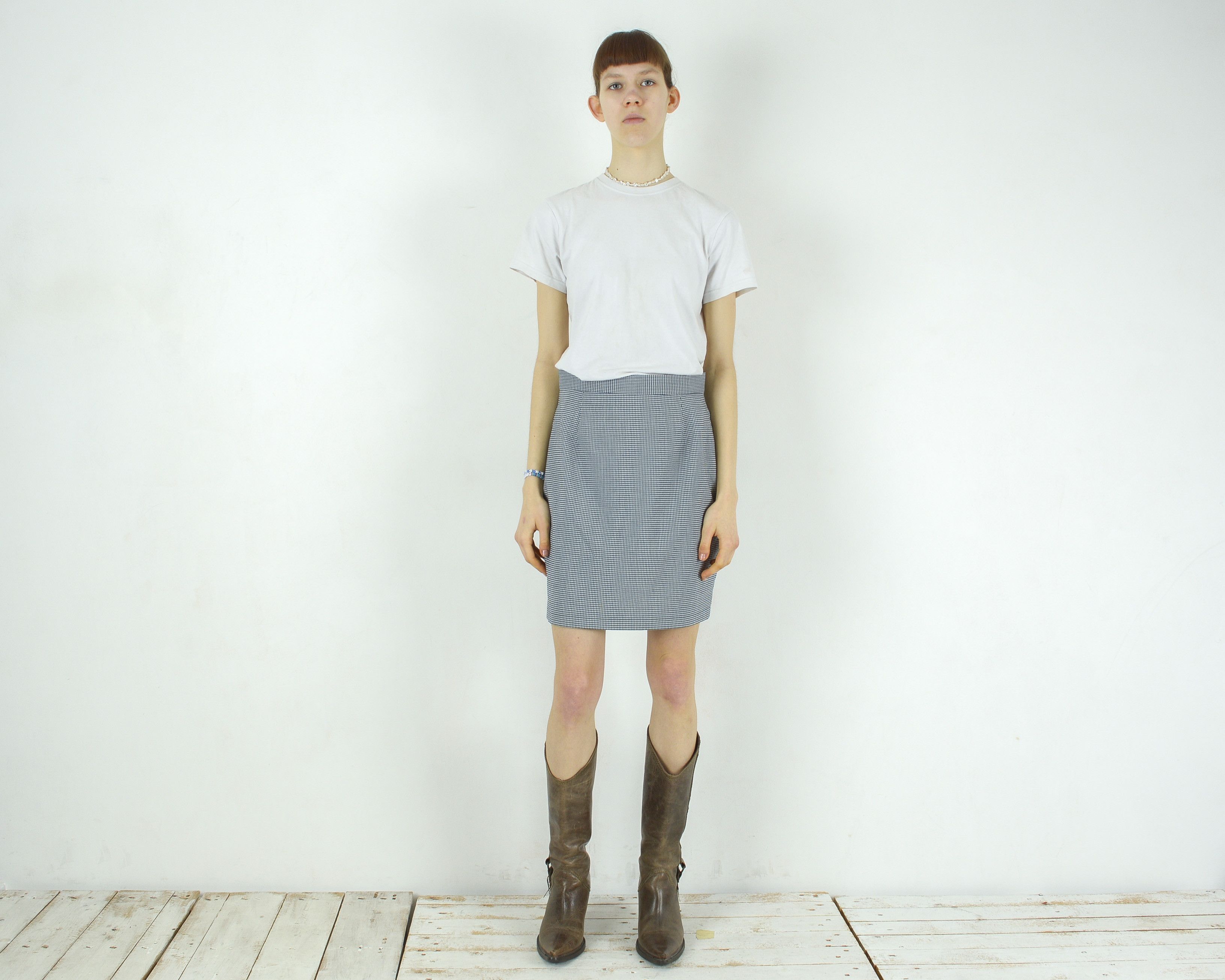 Other × Vintage VESTINO Plaid Mini Pencil Skirt Check Above The Knee Black Size 29" - 5 Thumbnail