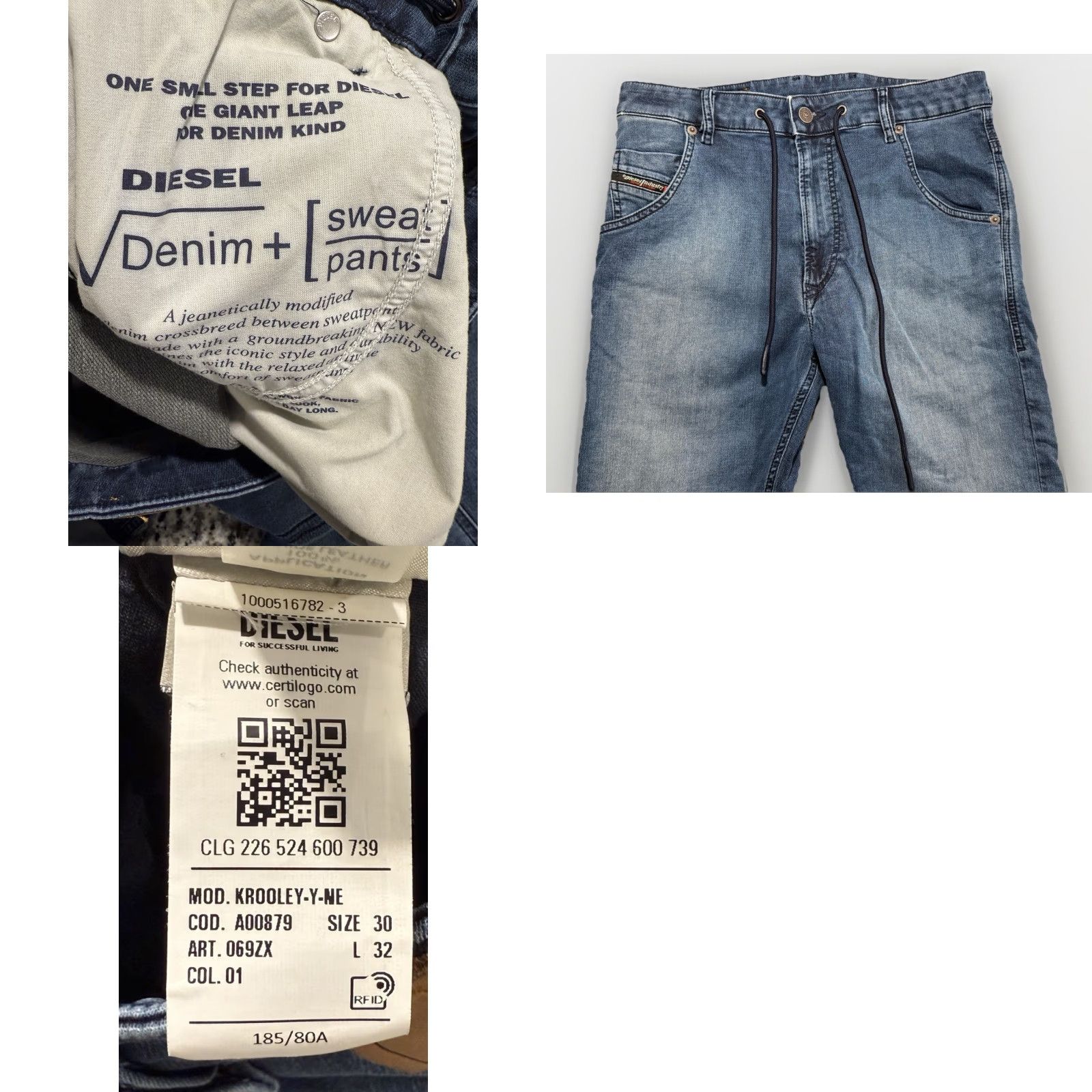 VINTAGE Diesel Krooley Sweatpants Jeans Tapered Slim Fit Made in Italy 30x30 Blue Mens 30in Waist 30in Inseam