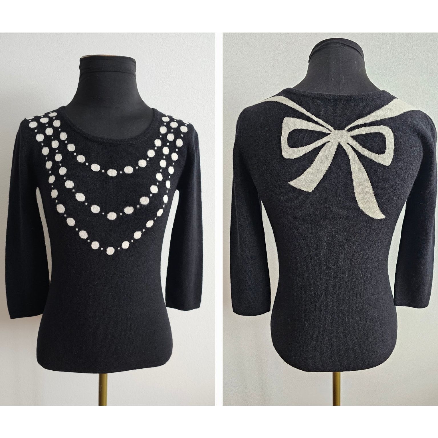 Saks Fifth Avenue Cashmere Pearls/Bow Round Neck Sweater S