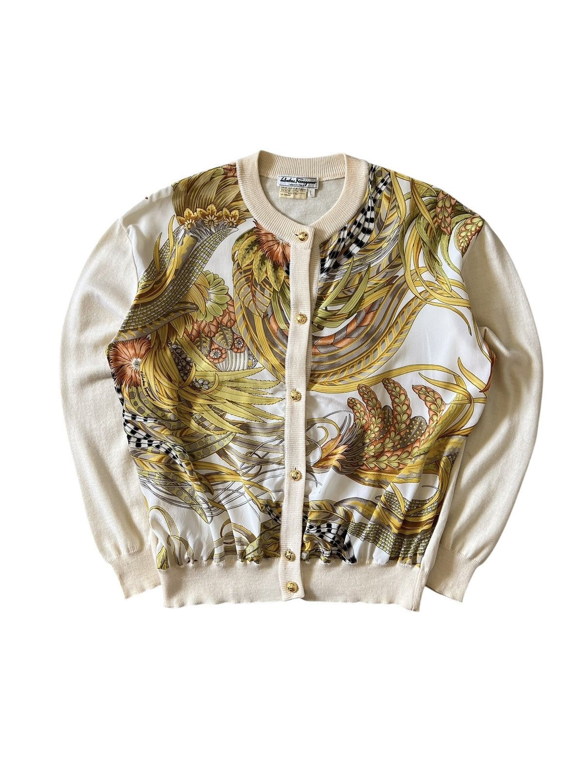 Salvatore Ferragamo Vintage Salvatore Ferragamo Silk Motif Cardigan Size L / US 10 / IT 46 - 1 Thumbnail