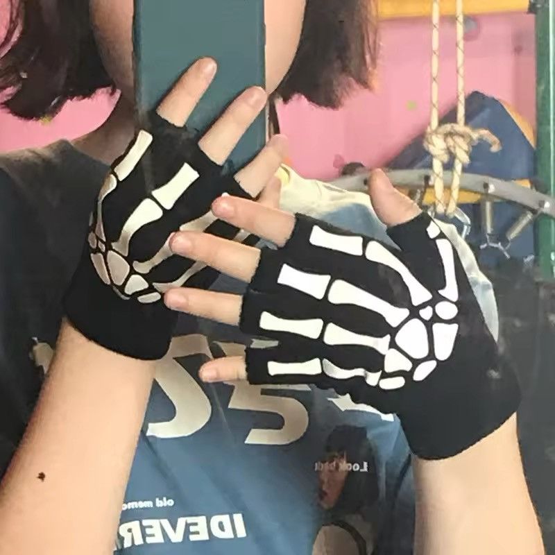 Japanese Brand Punk Skeleton Skull Half Finger Gloves Size ONE SIZE - 3 Thumbnail