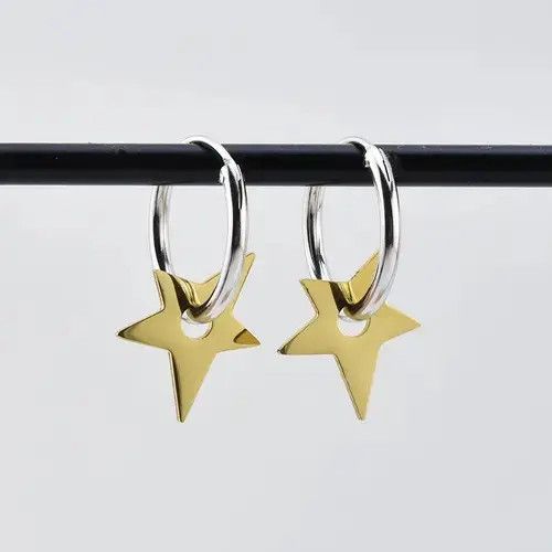 Sterling Silver Stainless Steel Gold Star Hoop Earrings for Men Women Size ONE SIZE - 2 Thumbnail