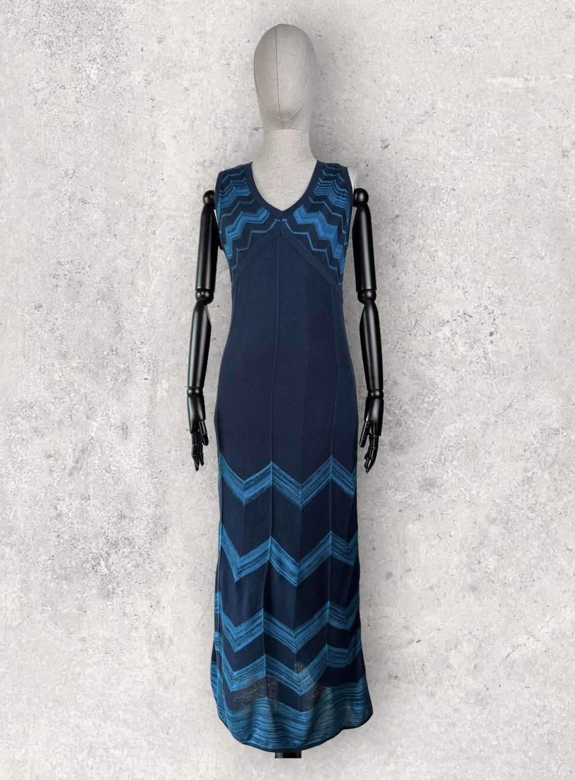 Missoni Maxi Sheath Dress Blue Chevron Knit Sleeveless