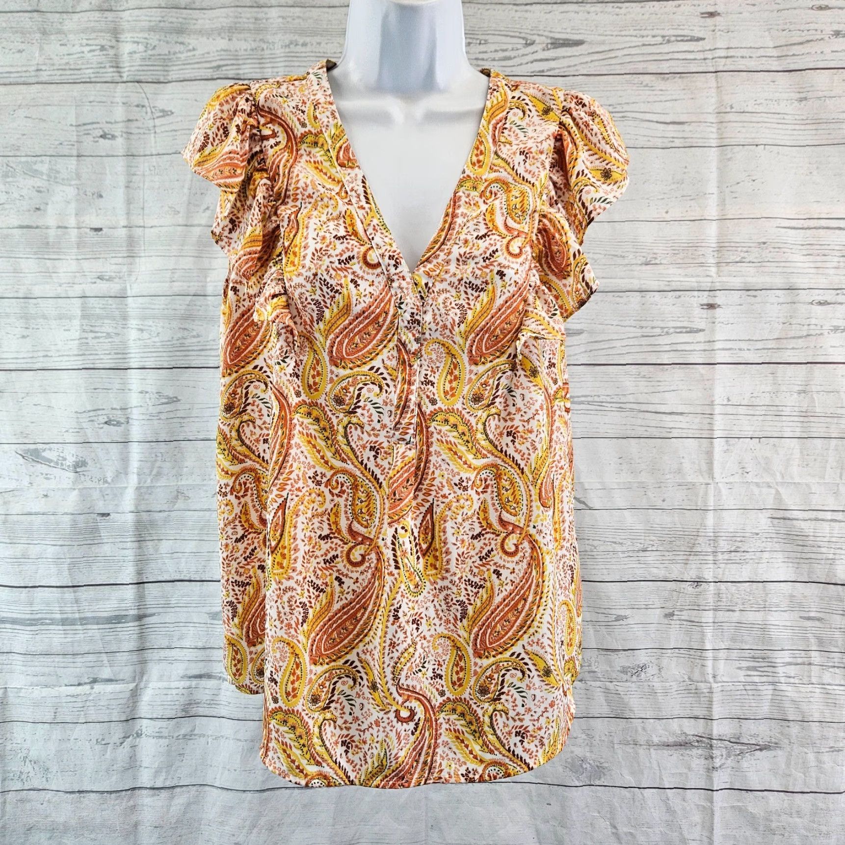 Vintage DR2 Daniel Rainn Womens Top Sz S Yellow Paisley V-Neck Flutter Sleeve Blouse Women Size S / US 4 / IT 40 - 2 Thumbnail