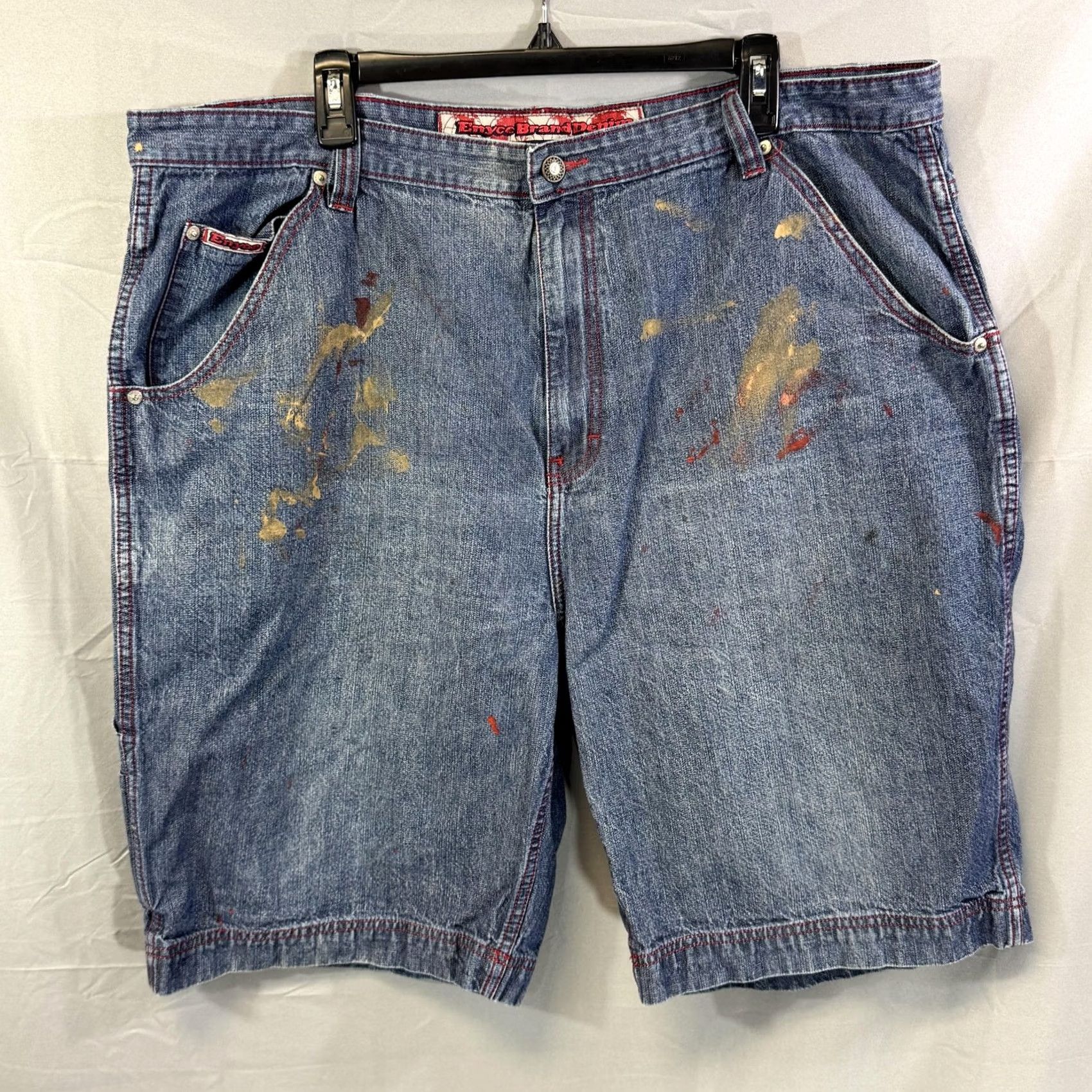 Enyce Enyce Denim Shorts Mens 42 Blue Red Stitch Carpenter Paint Splatter Baggy Hip Hop Shorts Mens 42 Size US 42 / EU 58 - 2 Thumbnail