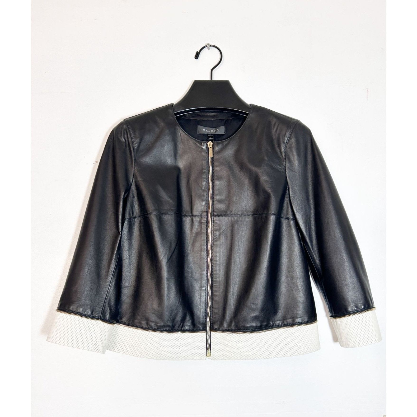 St. John St John Women's Leather Zipper Moto Jacket in Cavier/Cream - Size S / US 4 / IT 40 - 1 Thumbnail