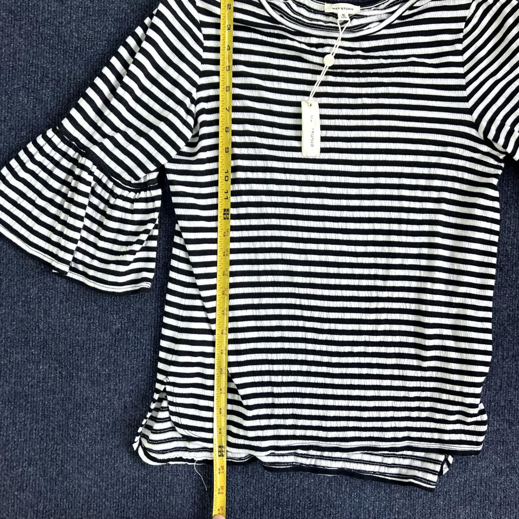 Vintage Max Studio Shirt Womens Medium Black White Stripe Ruffle Bell 3/4 Sleeve Crew Neck Jersey Top Size M / US 6-8 / IT 42-44 - 3 Thumbnail
