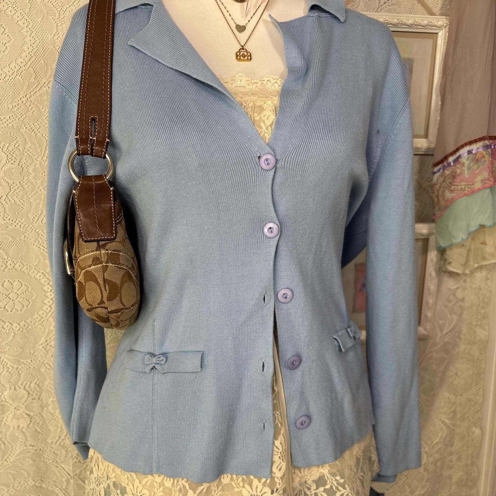 Other vintage cottage core blue bow cardigan Size L / US 10 / IT 46 - 2 Thumbnail
