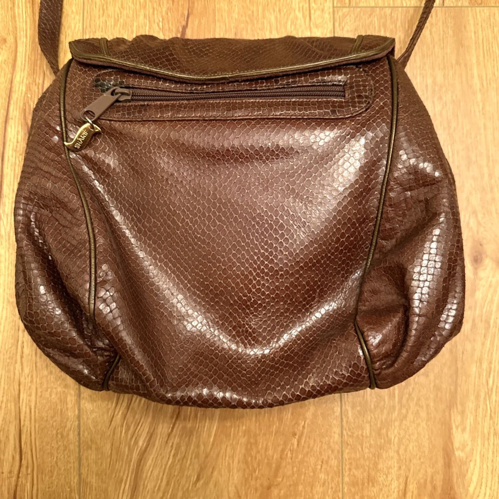 Skin VINTAGE Sharif WOMEN'S BROWN & GOLD REPTILE SKIN HANDBAG PURSE Shoulder Bag Women Medium Brown Gold Reptile Skin Embroidered Vintage 90s Size ONE SIZE - 7 Thumbnail