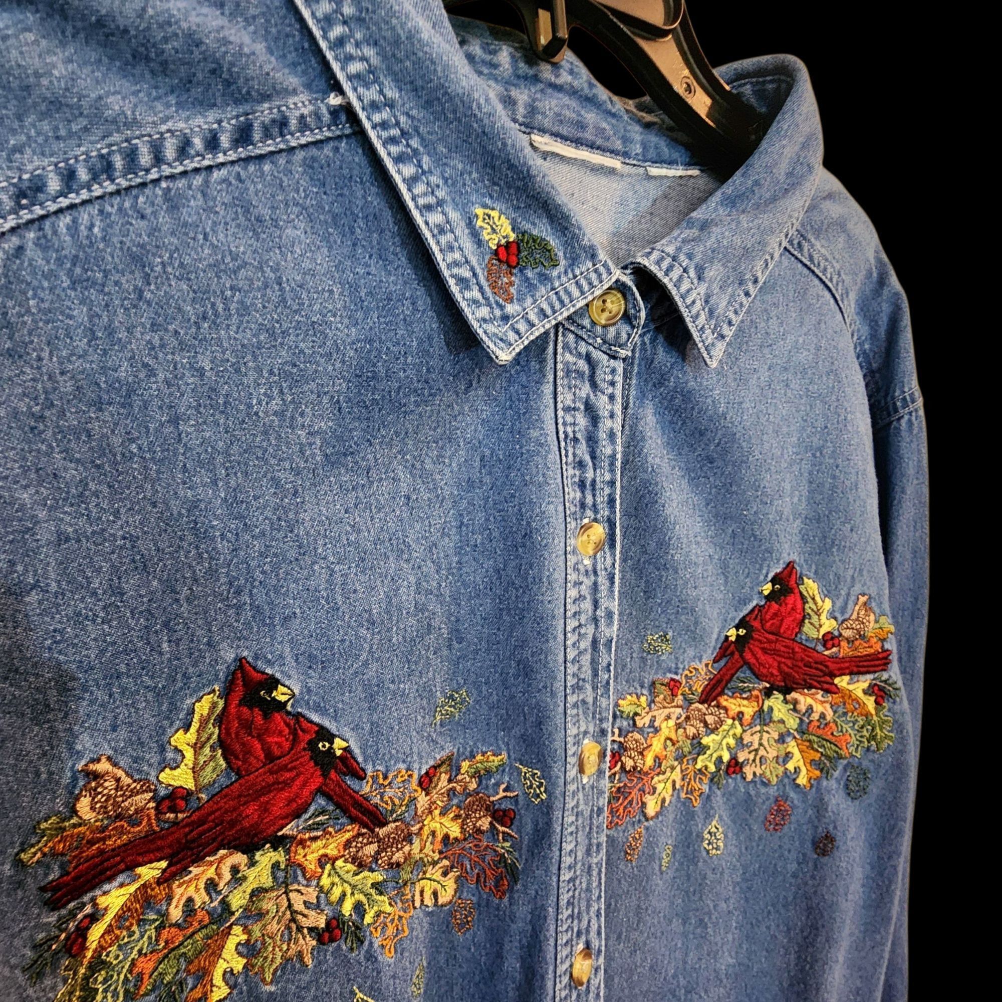 Other Vintage Womens Denim Shirt 90s Y2K Embroidered Bird Fall Car Size XXL / US 16-18 / IT 52-54 - 3 Thumbnail