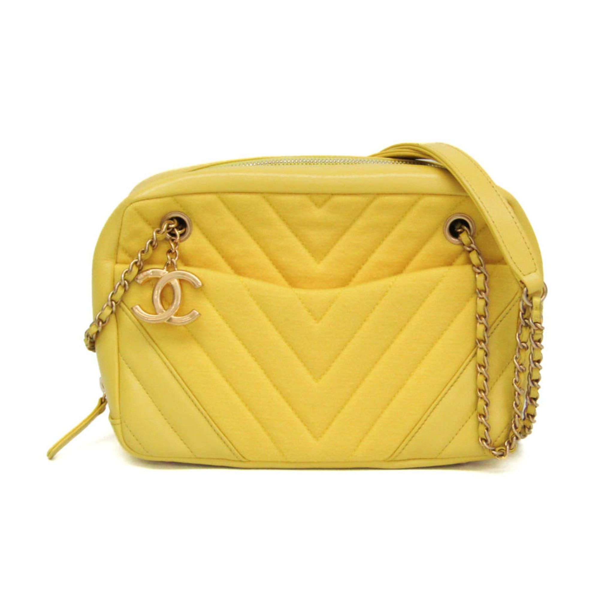 Chanel Chanel Chevron V-stitch Women's Leather,Cotton Shoulder Bag Yellow Size ONE SIZE - 1 Thumbnail