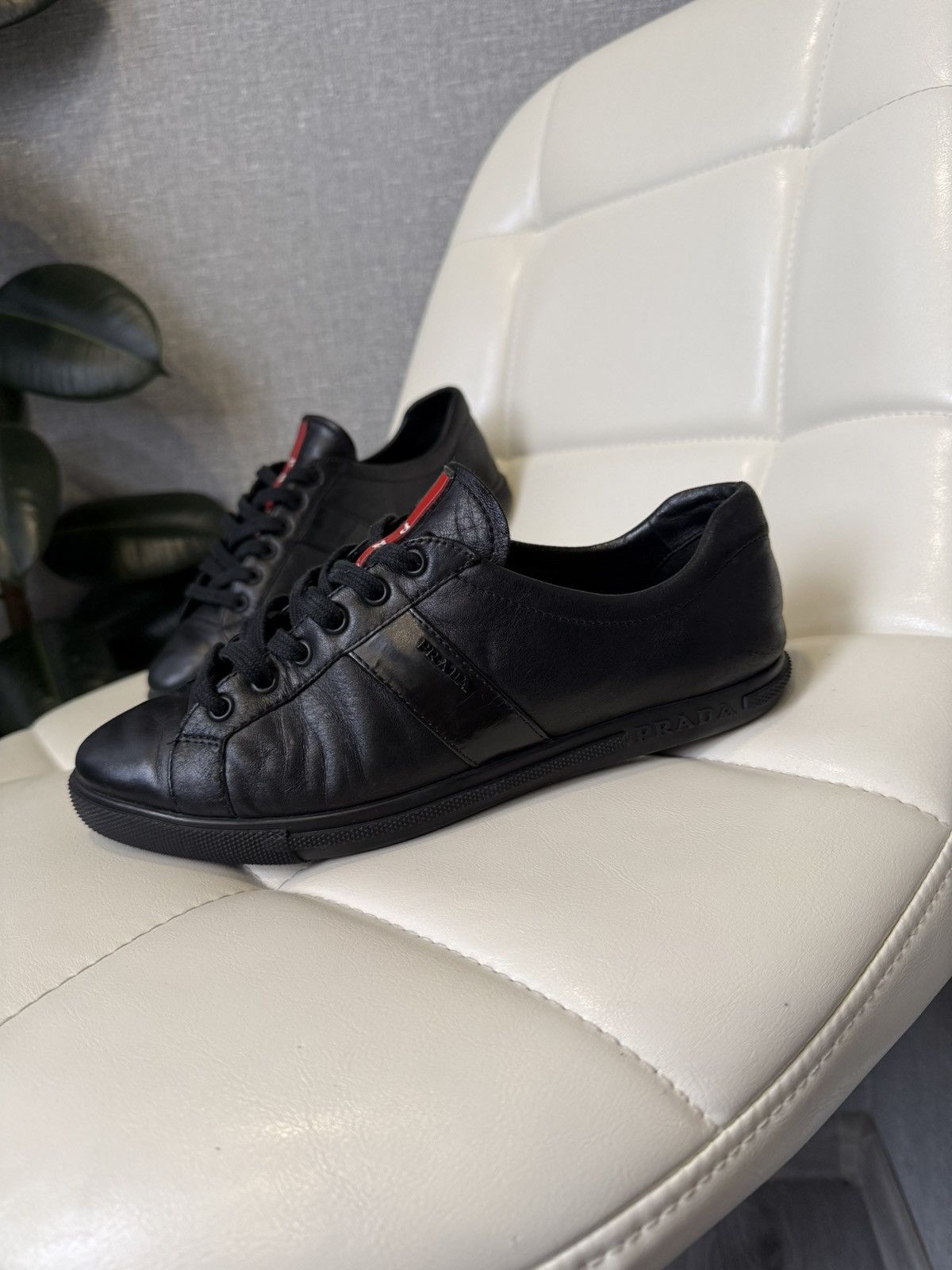 Prada Prada Black Leather Low-Top Sneakers with Red Stripe Logo Size US 7 / IT 37 - 2 Thumbnail