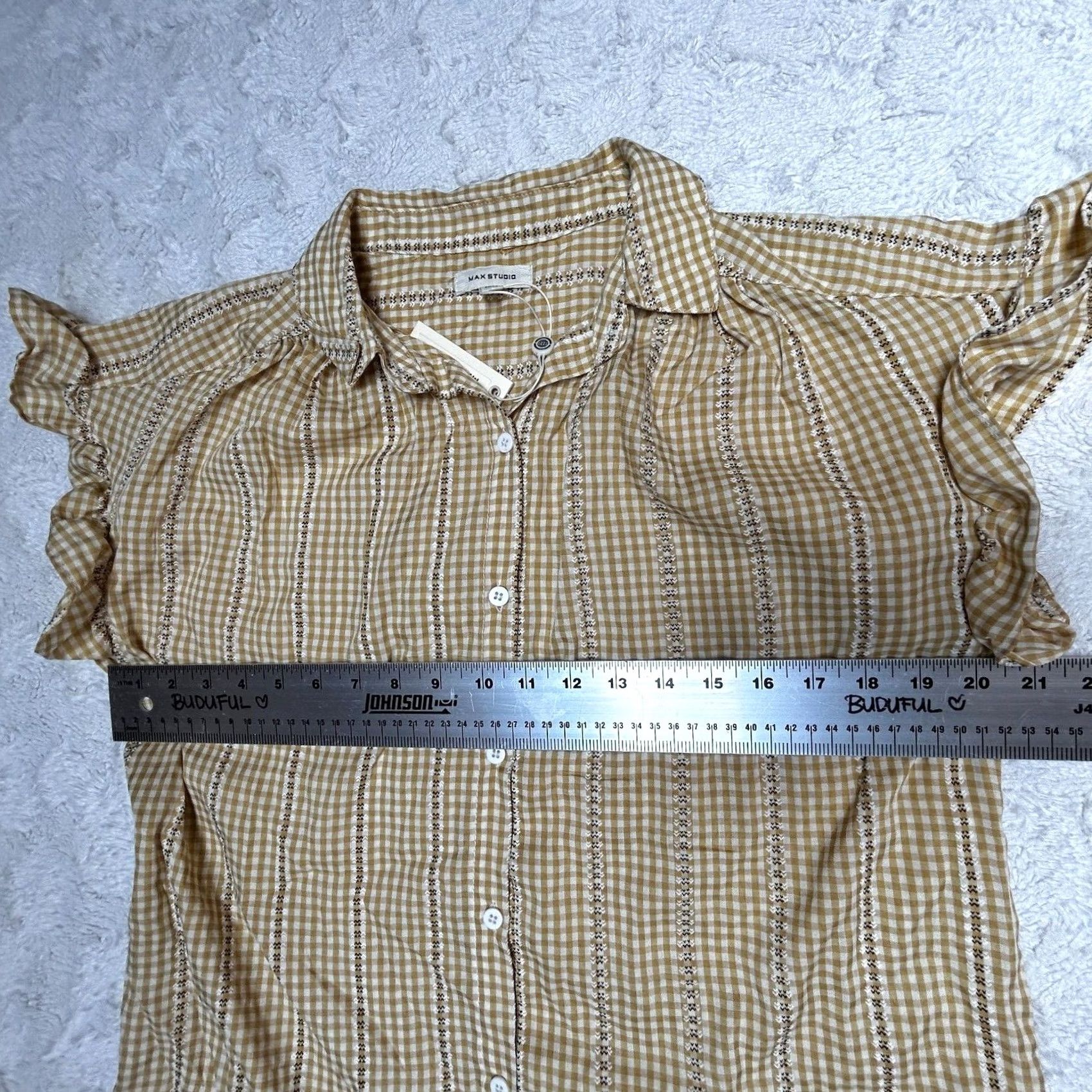 Vintage Max Studio Gingham Check Textured Button Up Ruffle Shirt Medium Yellow New Size M / US 6-8 / IT 42-44 - 7 Thumbnail
