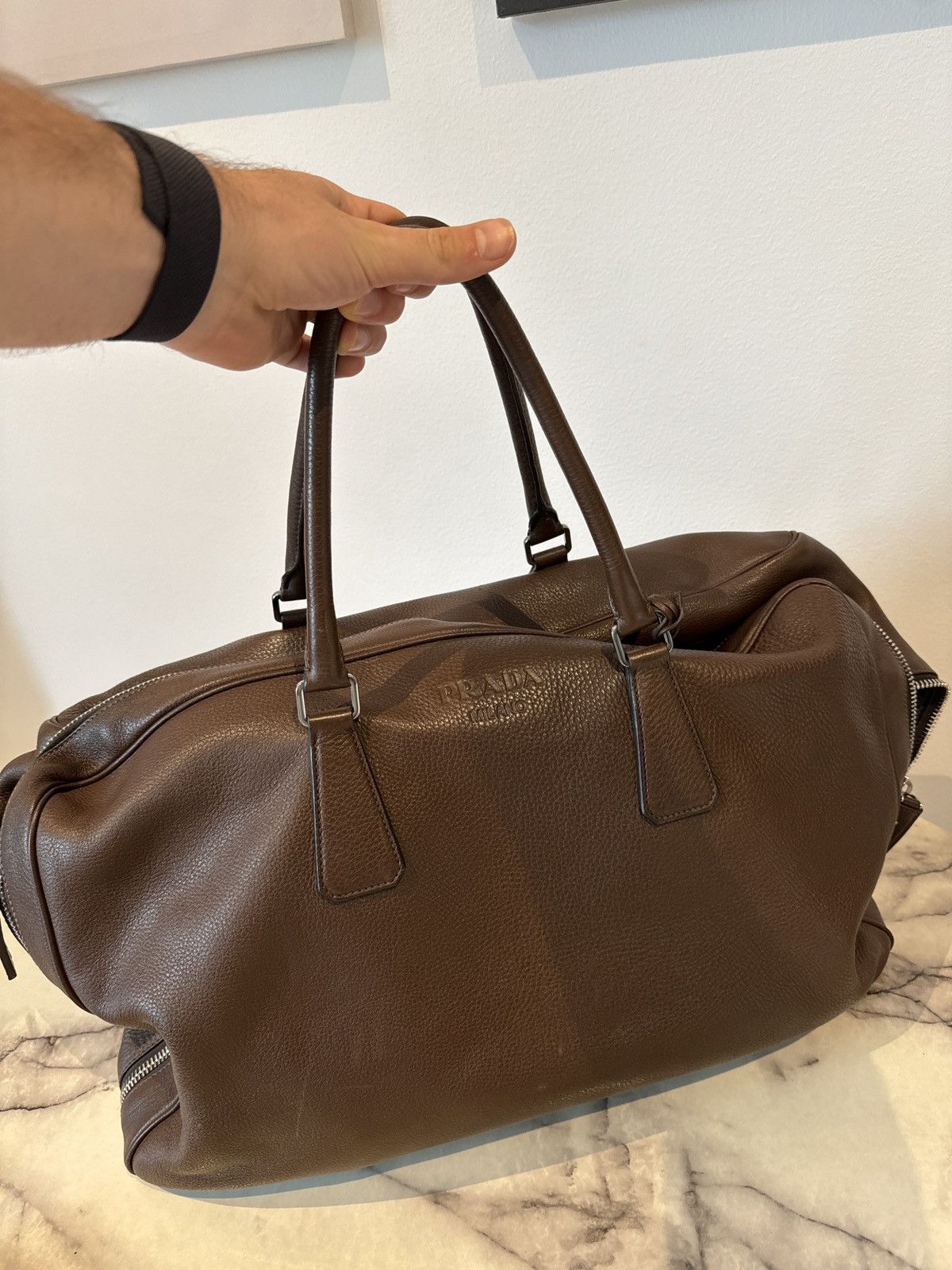 image of Prada Leather Travel Bag Brown, Men's